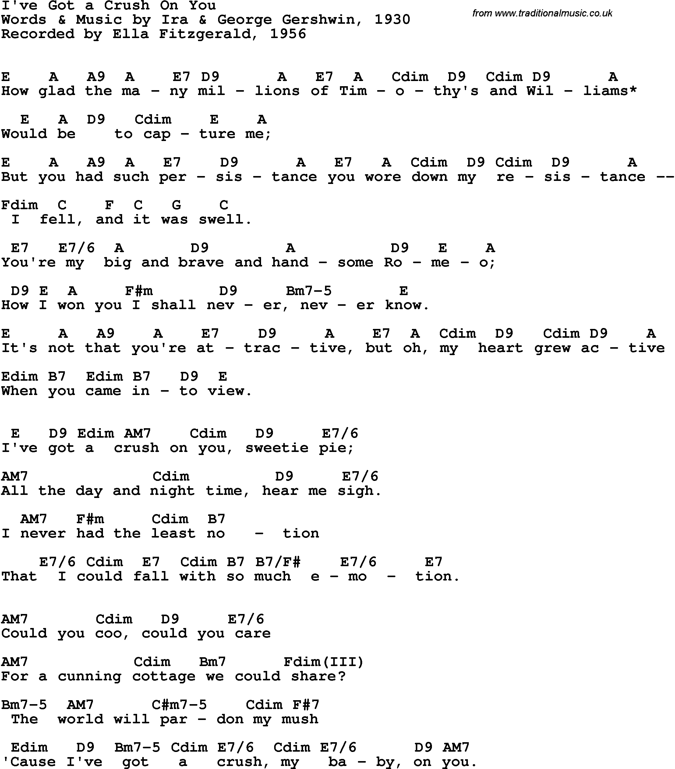 Song Lyrics with guitar chords for I've Got A Crush On You - Ella Fitzgerald, 1956