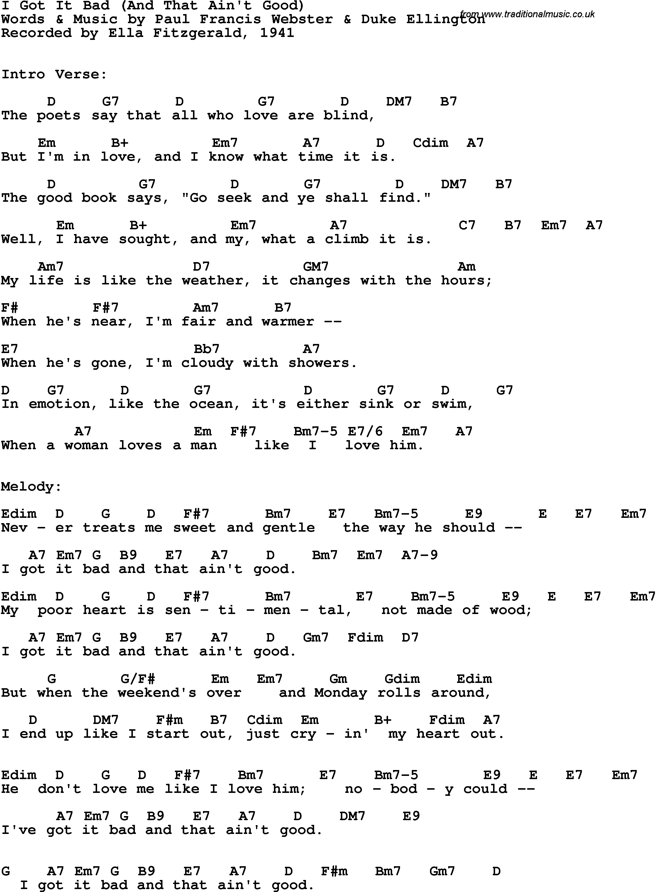 Song Lyrics with guitar chords for I've Got It Bad (And That Ain't Good) - Ella Fitzgerald, 1941