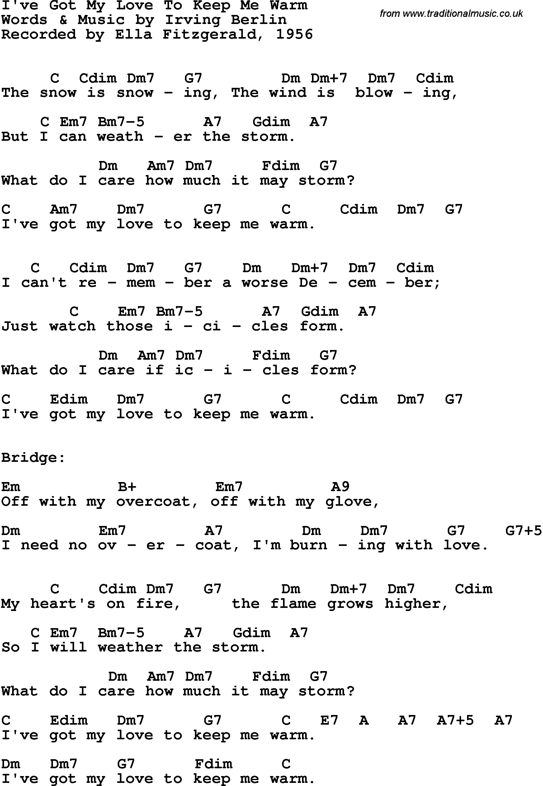 Song Lyrics with guitar chords for I've Got My Love To Keep Me Warm - Ella Fitzgerald, 1956