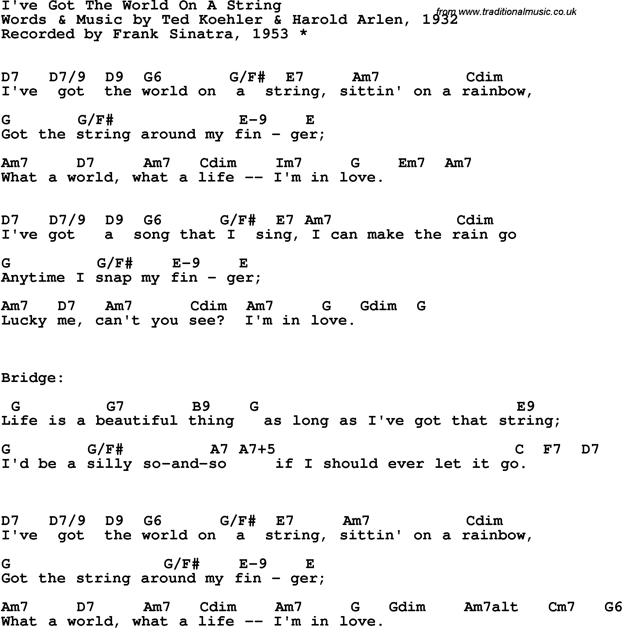 Song Lyrics with guitar chords for I've Got The World On A String - Frank Sinatra, 1953