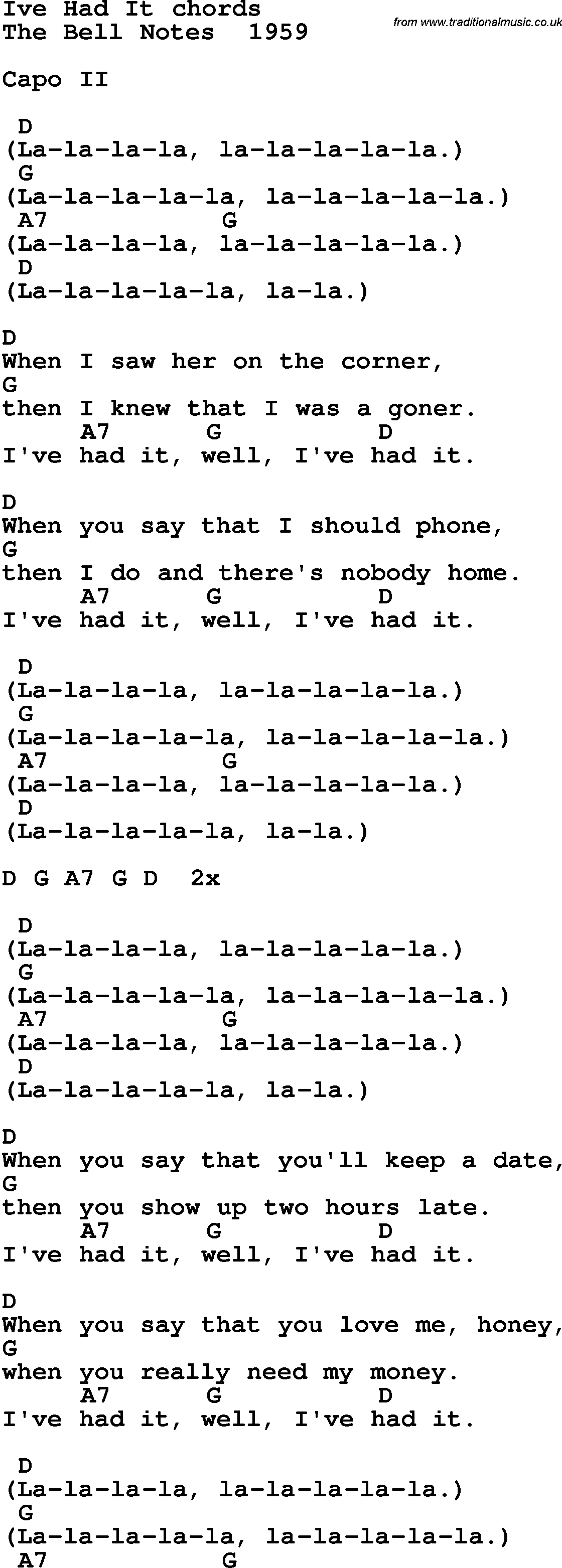 Song Lyrics with guitar chords for I've Had It