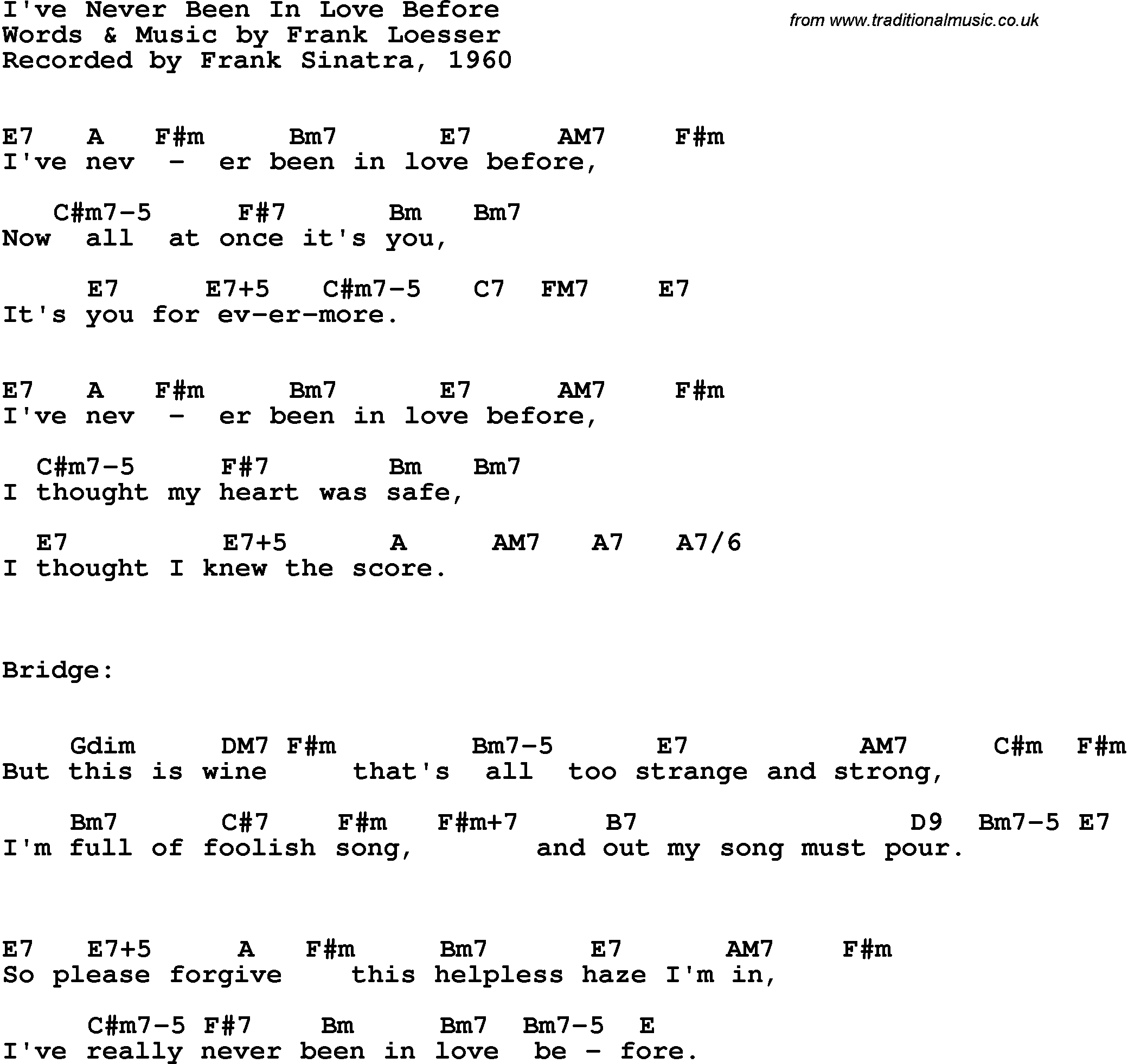 Song Lyrics with guitar chords for I've Never Been In Love Before - Frank Sinatra, 1960