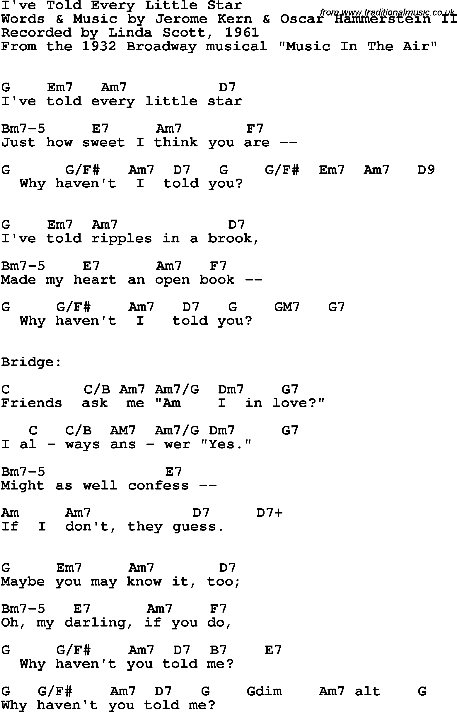Song Lyrics with guitar chords for I've Told Every Little Star - Linda Scott, 1961