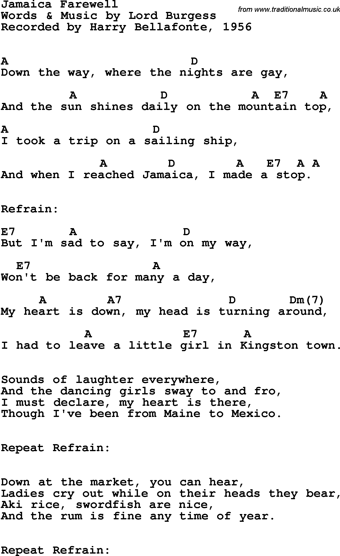 Song Lyrics with guitar chords for Jamaica Farewell - Harry Belefonte, 1956