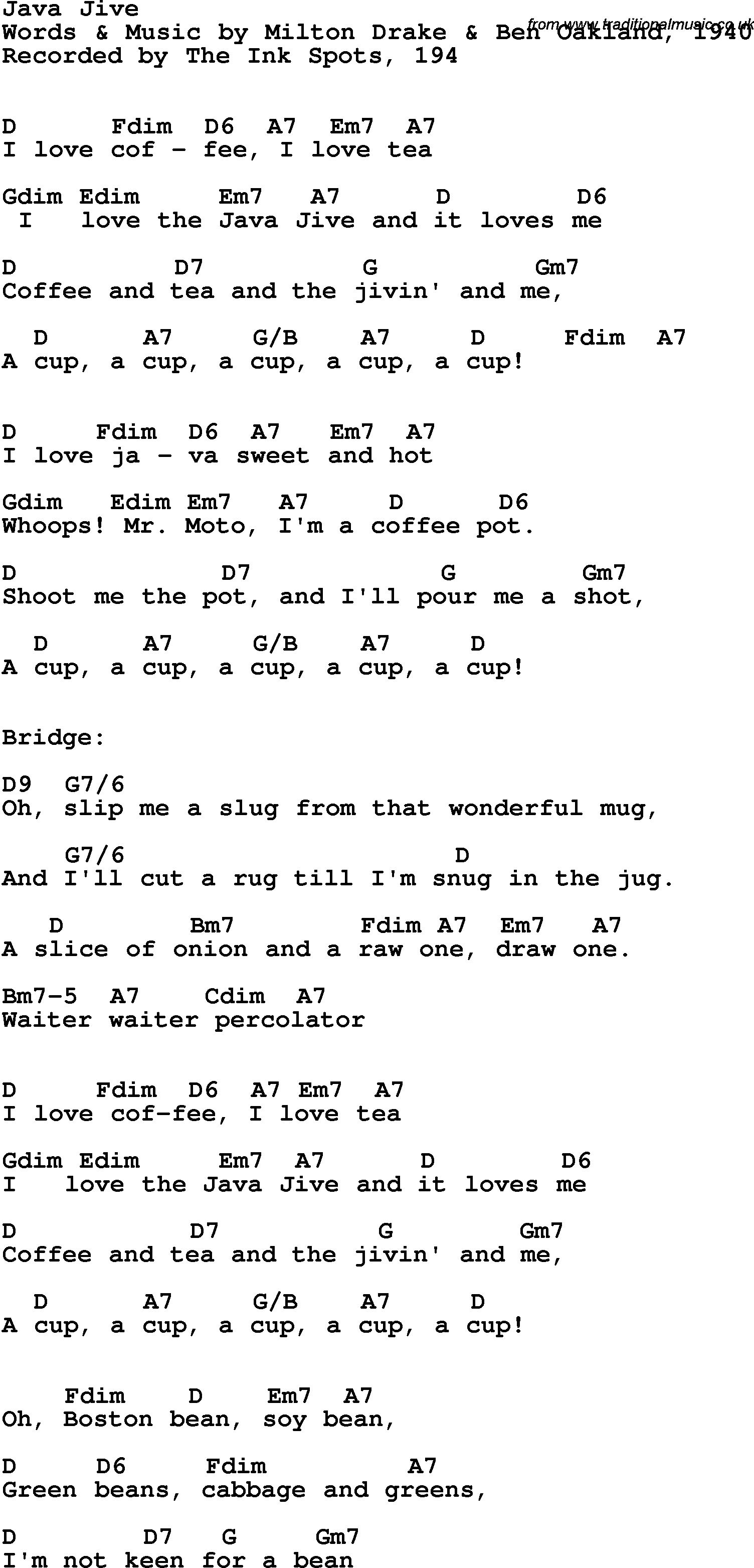 Song Lyrics with guitar chords for Java Jive - The Ink Spots, 1948