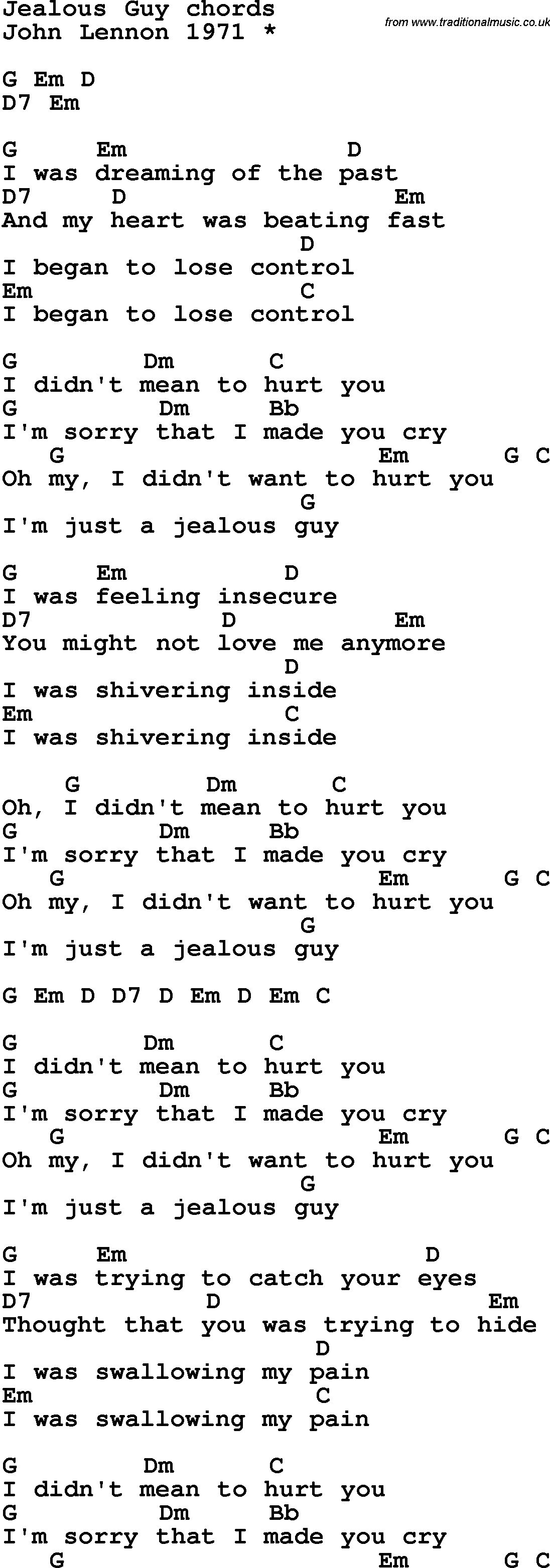 Song Lyrics with guitar chords for Jealous Guy