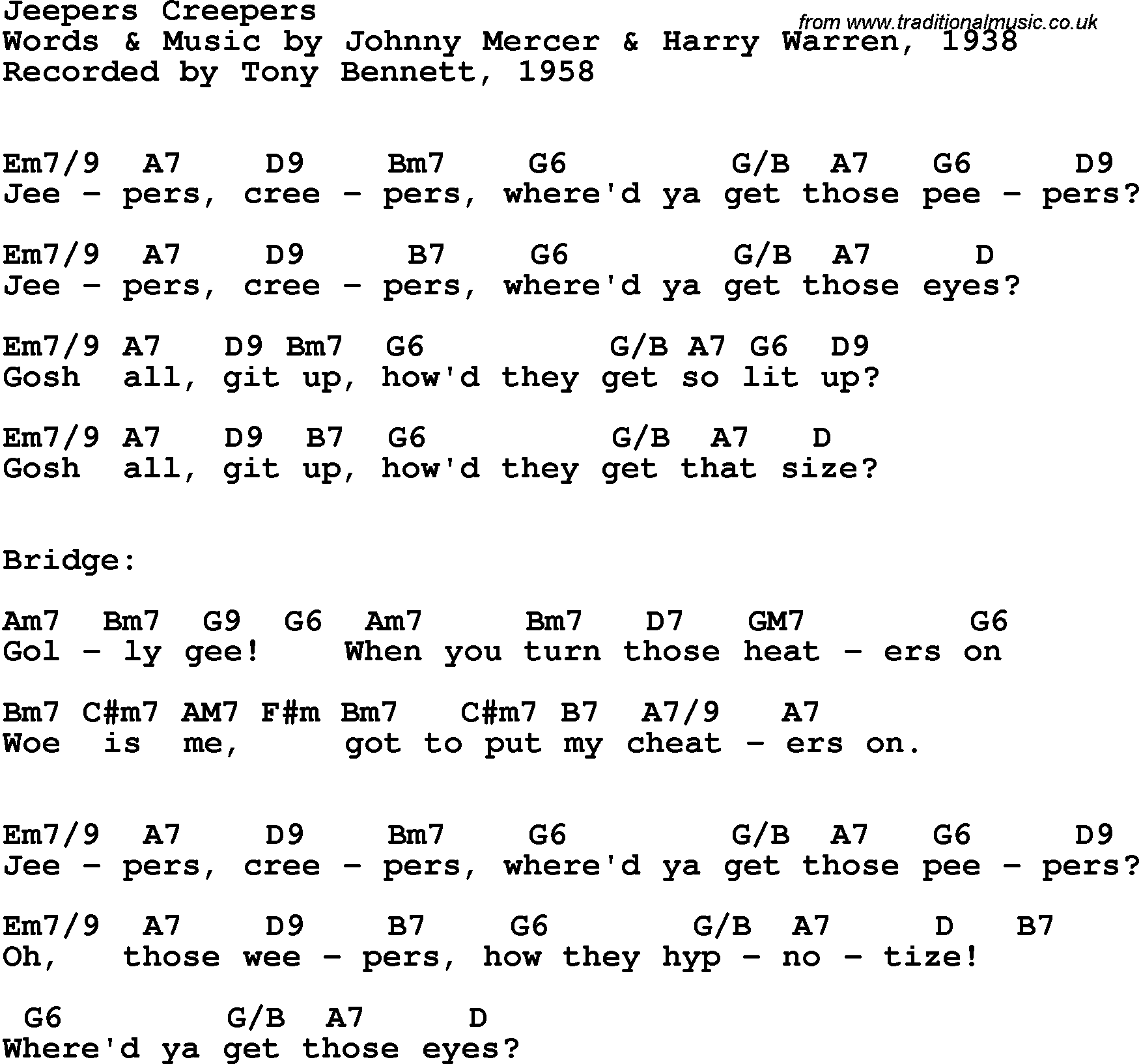 Song Lyrics with guitar chords for Jeepers Creepers - Tony Bennett, 1958