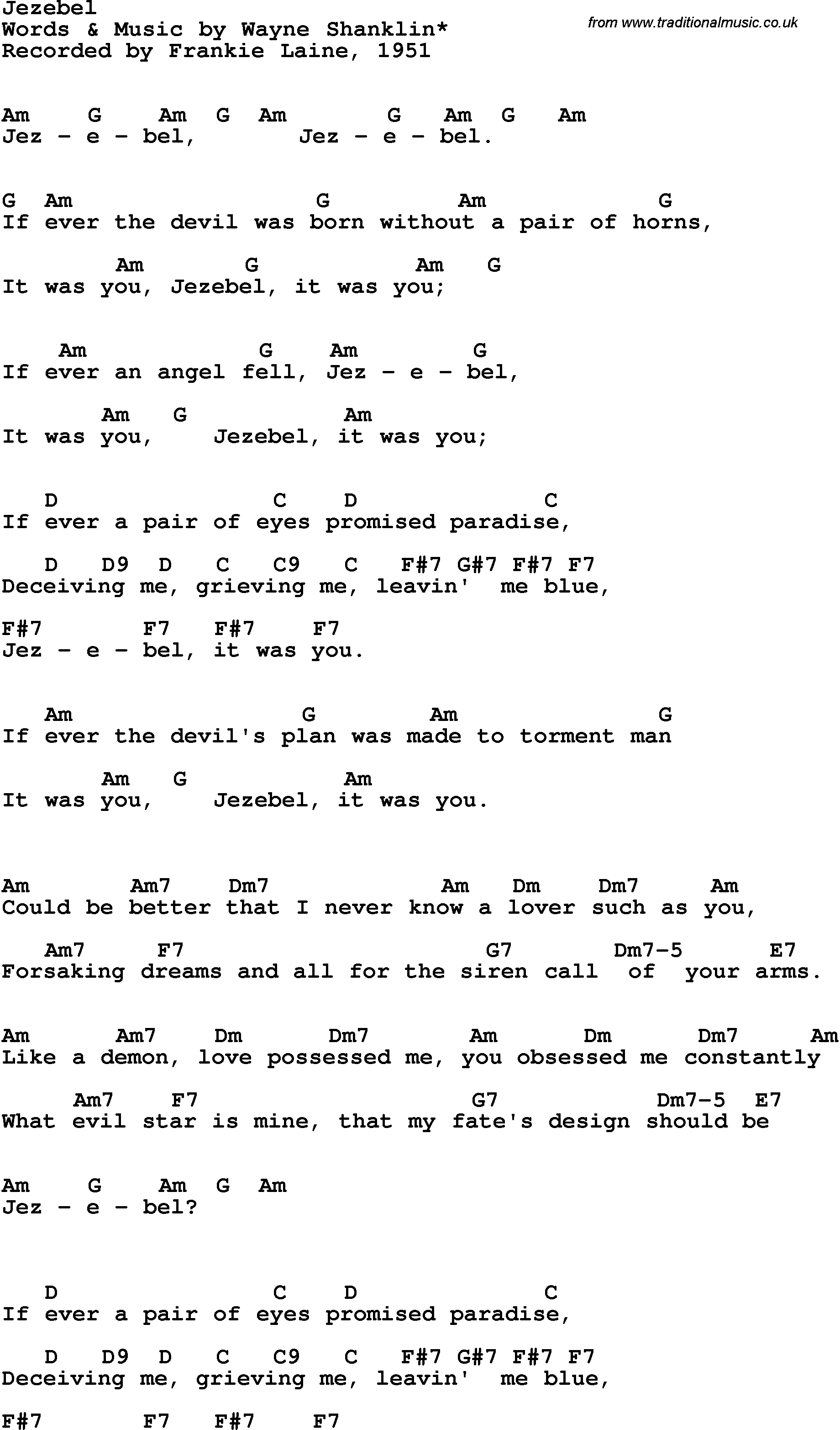 Song Lyrics with guitar chords for Jezebel - Frankie Laine, 1951