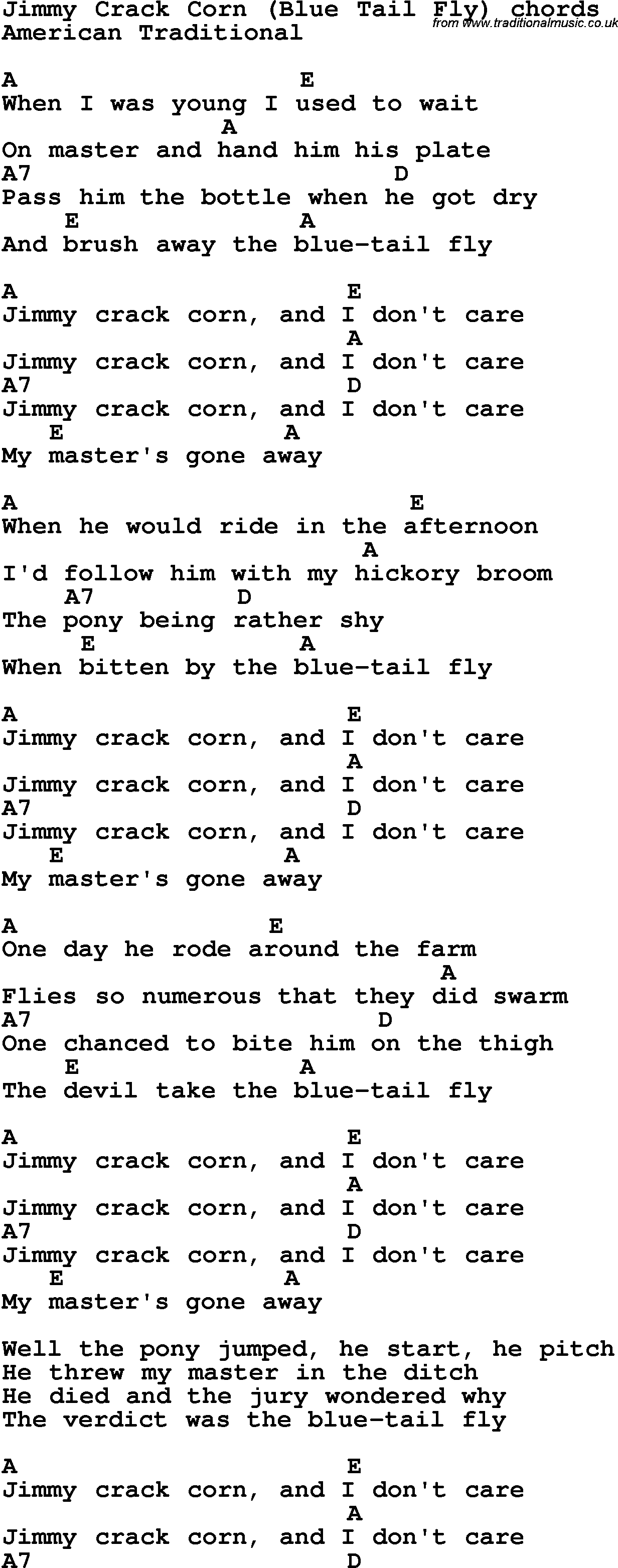 Song Lyrics with guitar chords for Jimmy Crack Corn