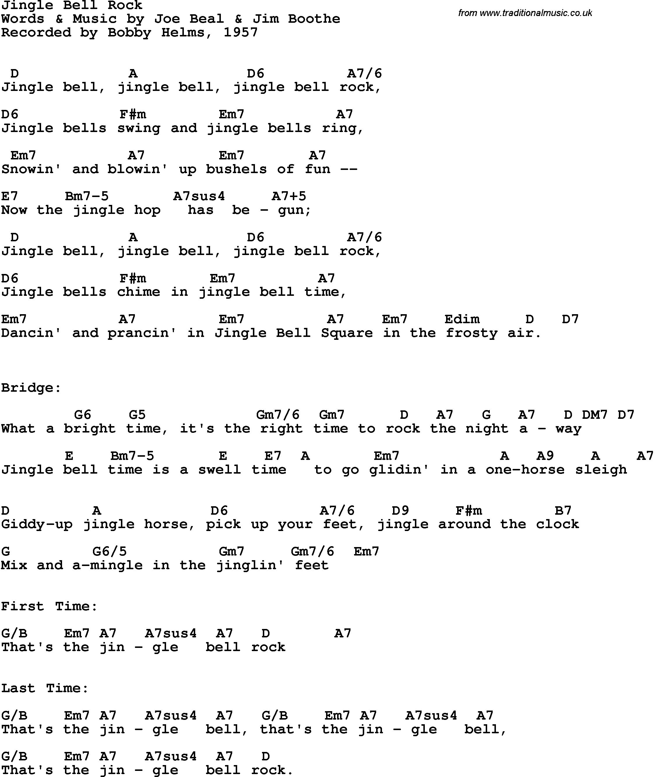 Song lyrics with guitar chords for Jingle Bell Rock Bobby Helms, 1957
