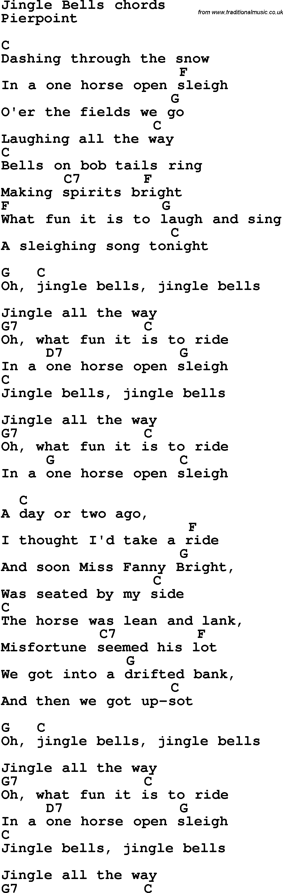 Song lyrics with guitar chords for Jingle Bells