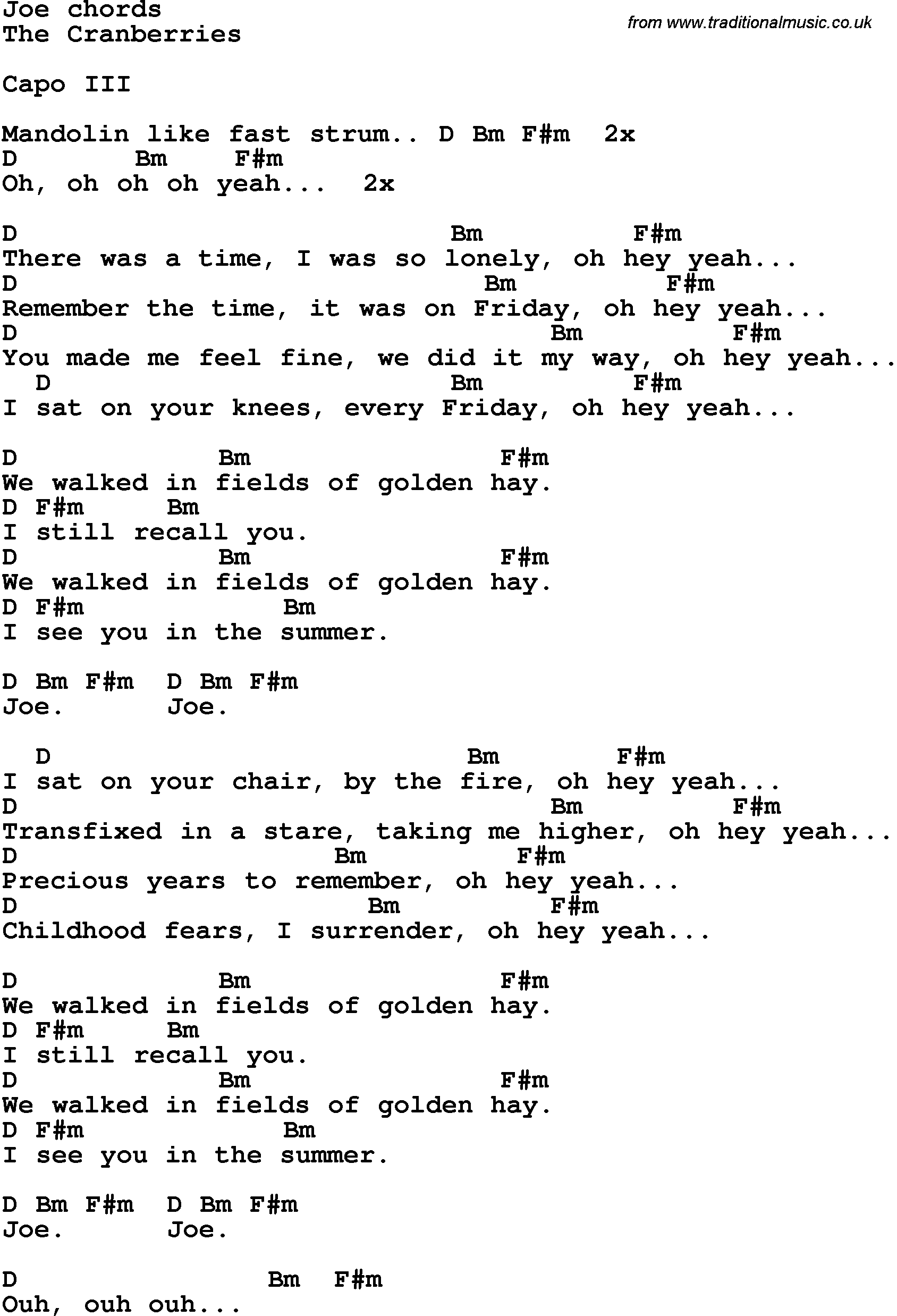 Song Lyrics with guitar chords for Joe