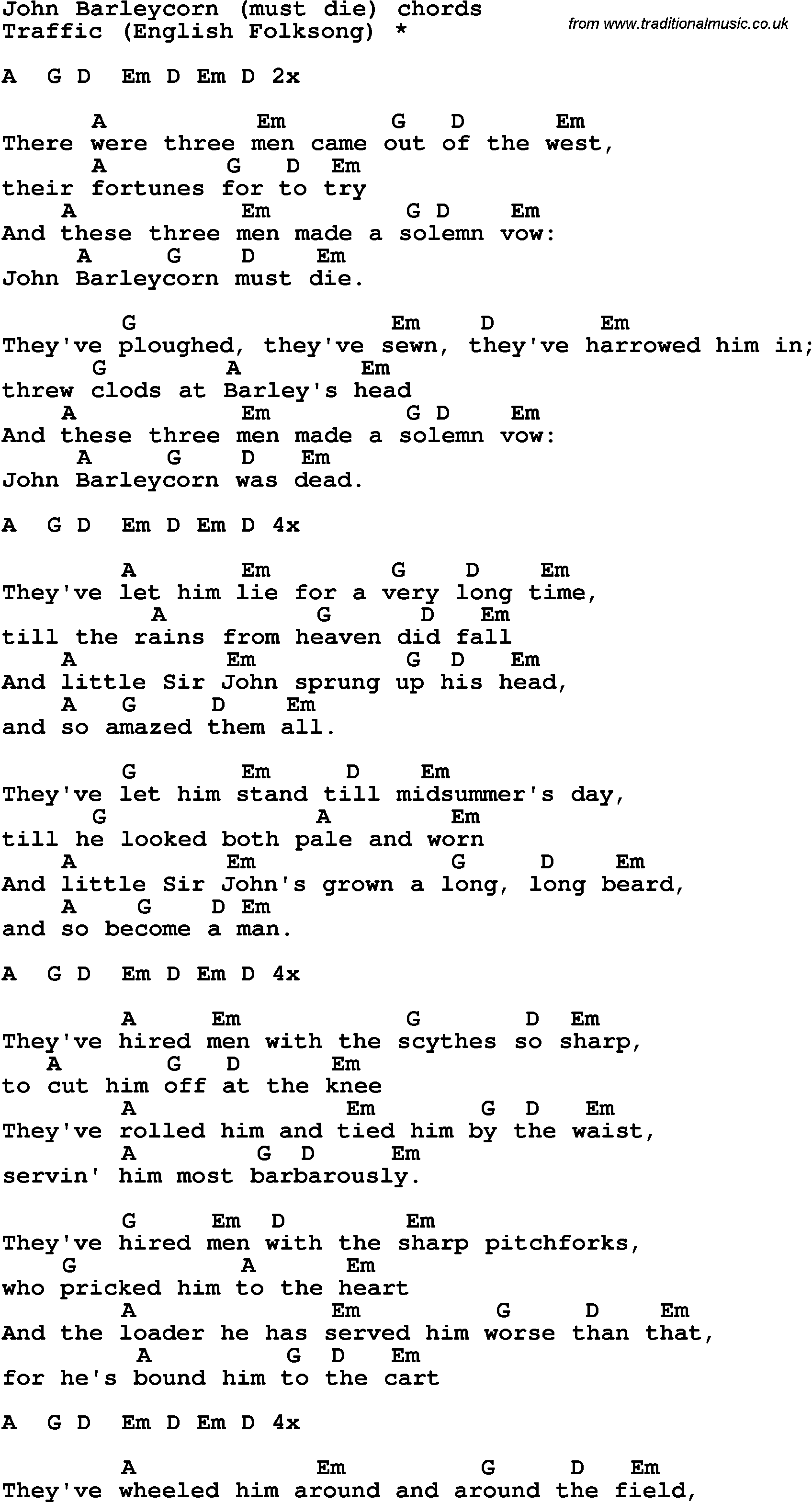 Song Lyrics with guitar chords for John Barleycorn