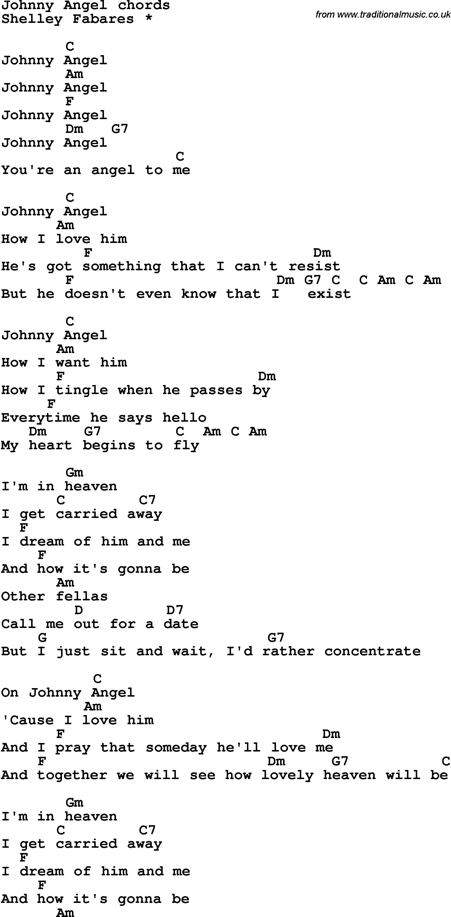 Song Lyrics with guitar chords for Johnny Angel