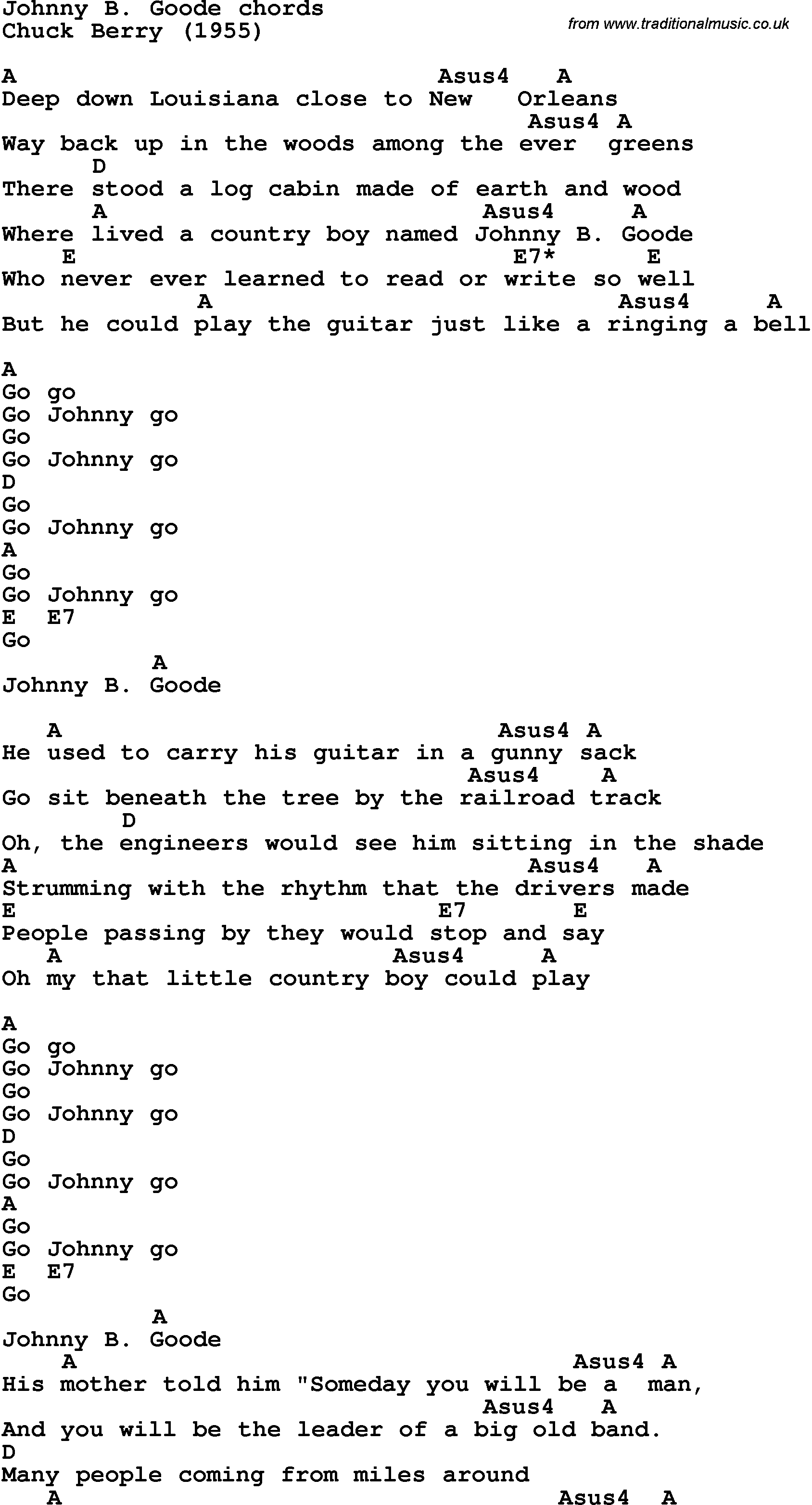 Song Lyrics with guitar chords for Johnny B
