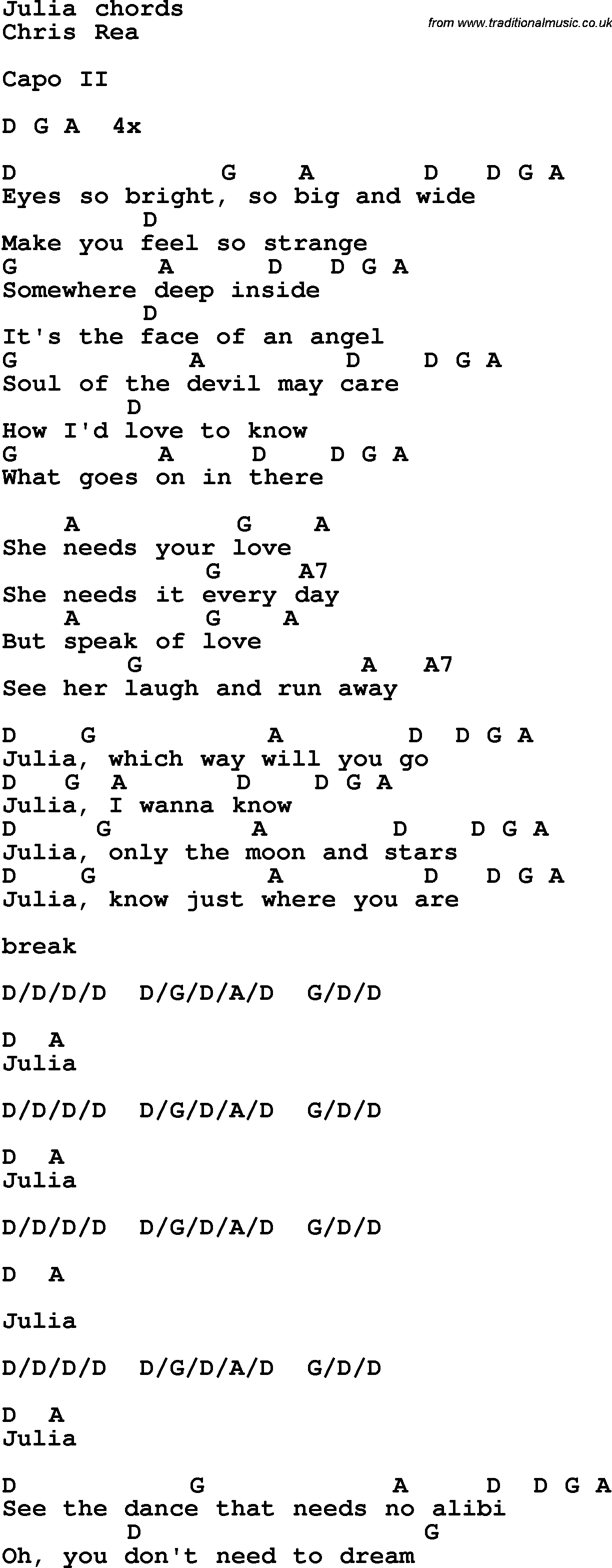 Song Lyrics with guitar chords for Julia - Chris Rea