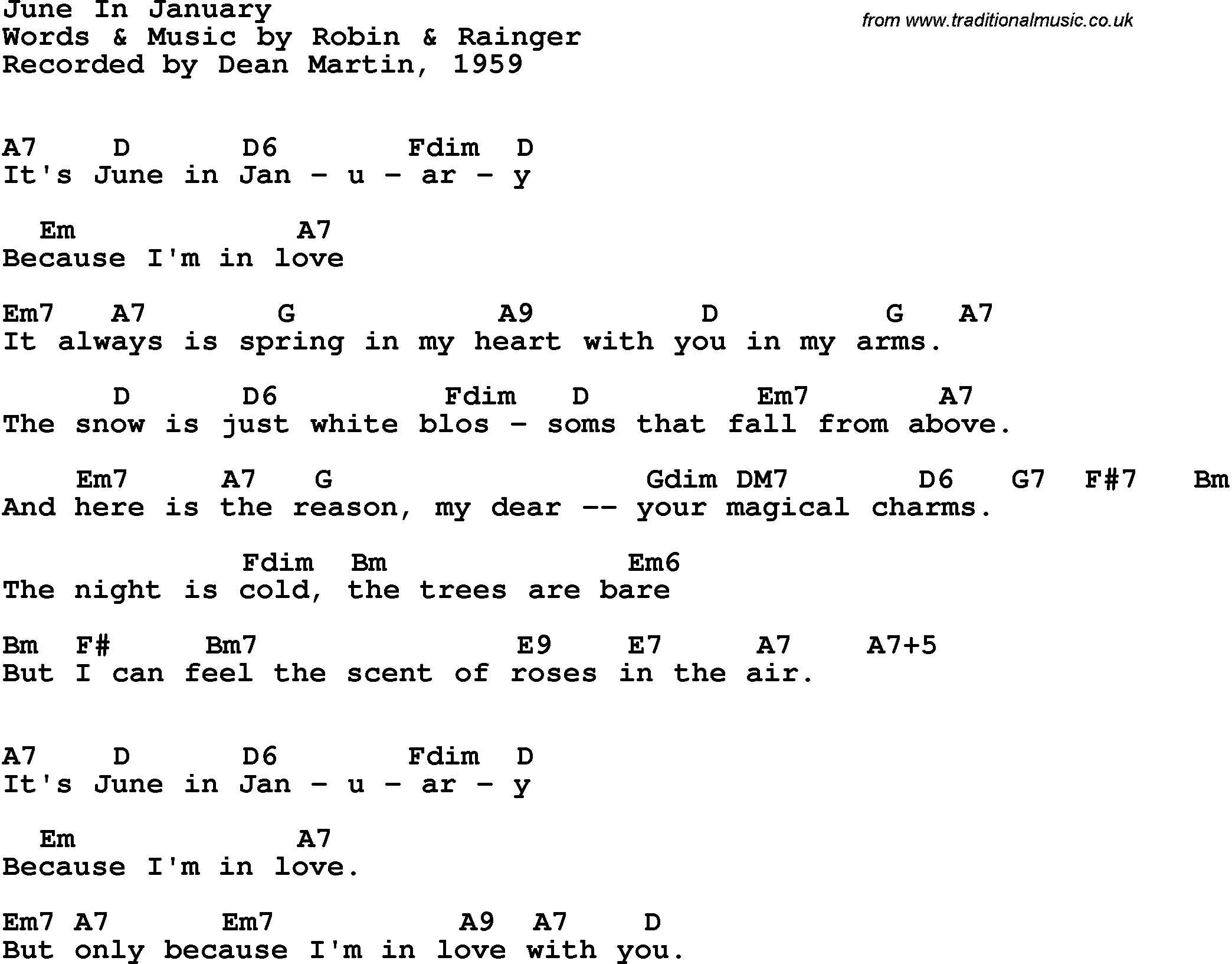 Song Lyrics with guitar chords for June In January - Dean Martin, 1959