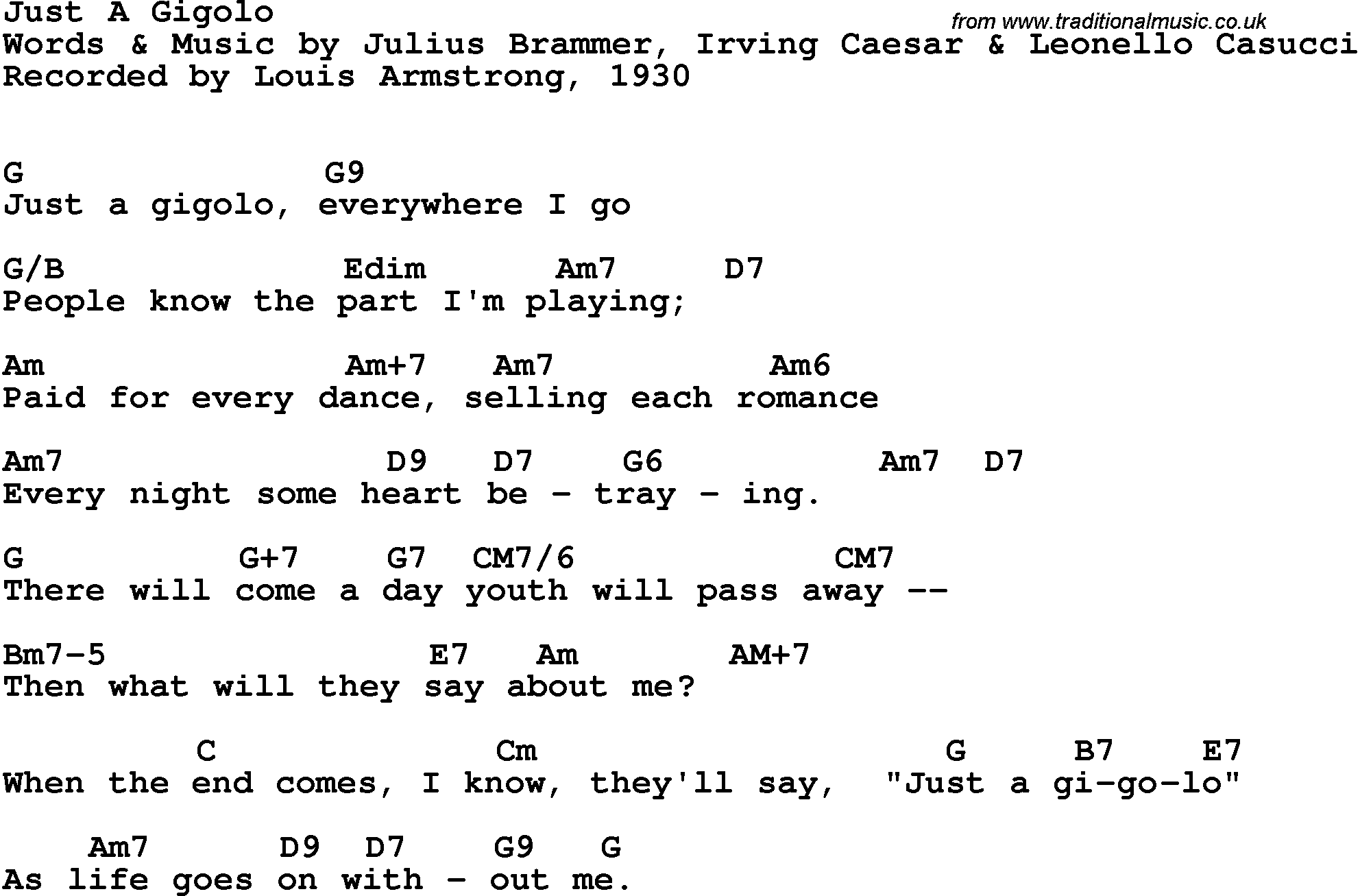 Song Lyrics with guitar chords for Just A Gigolo - Louis Armstrong, 1930
