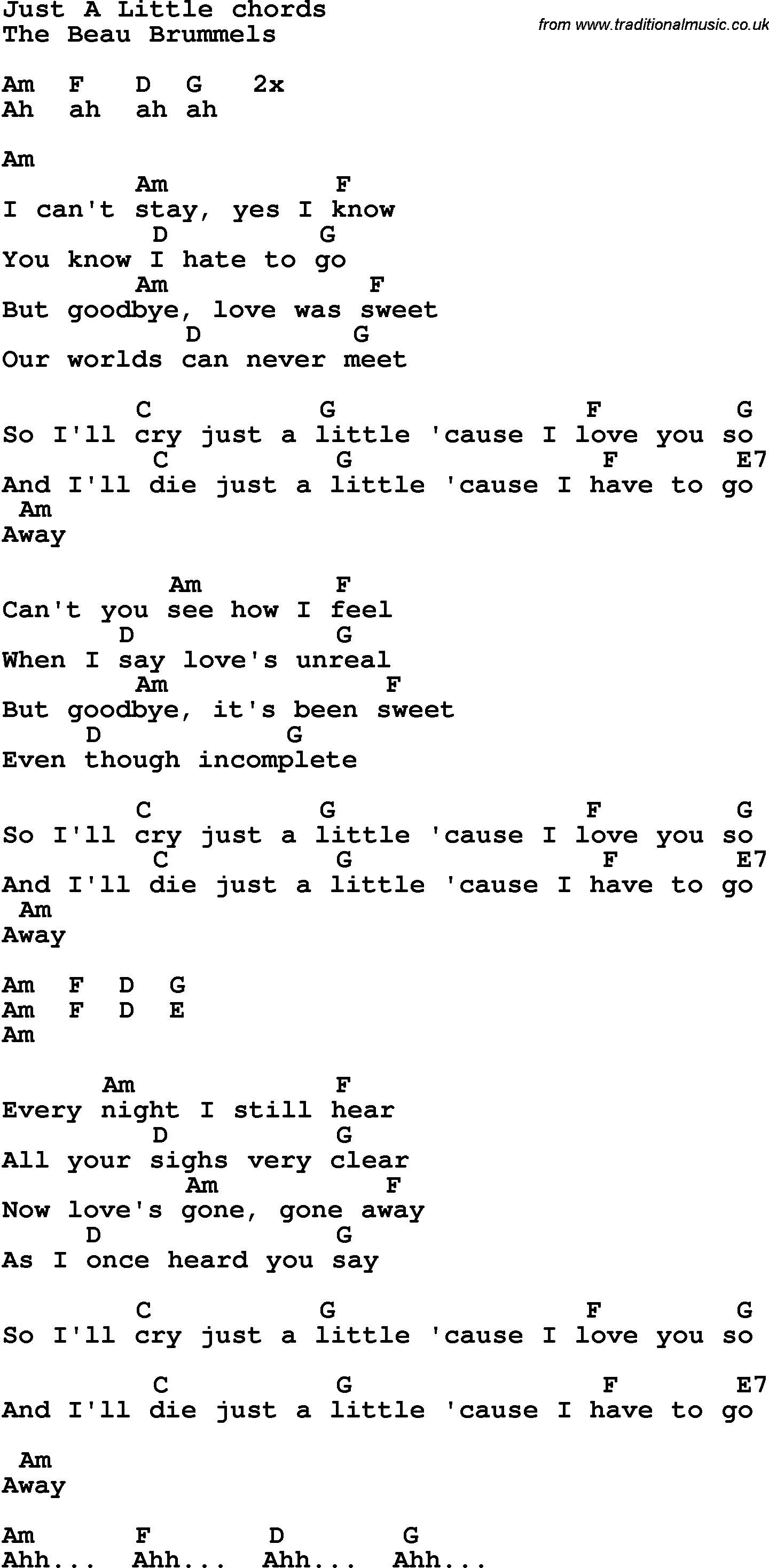 Song Lyrics with guitar chords for Just A Little