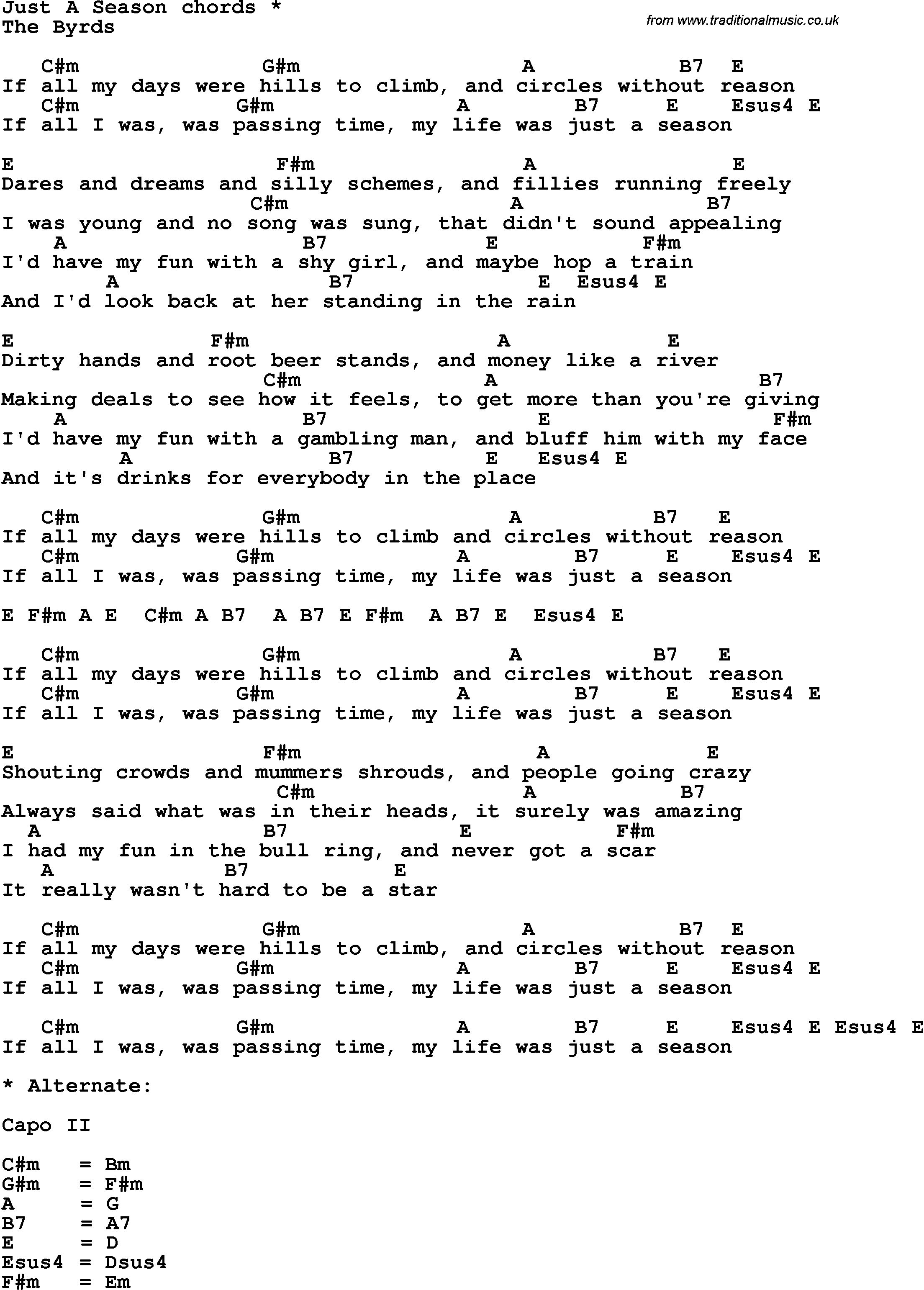 Song Lyrics with guitar chords for Just A Season