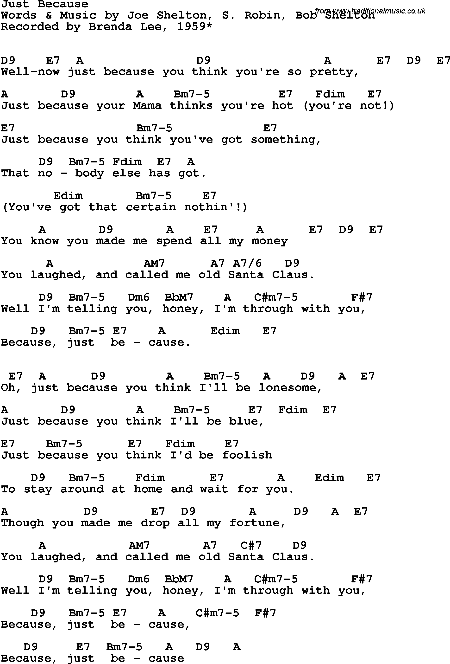 Song Lyrics with guitar chords for Just Because - Brenda Lee, 1959