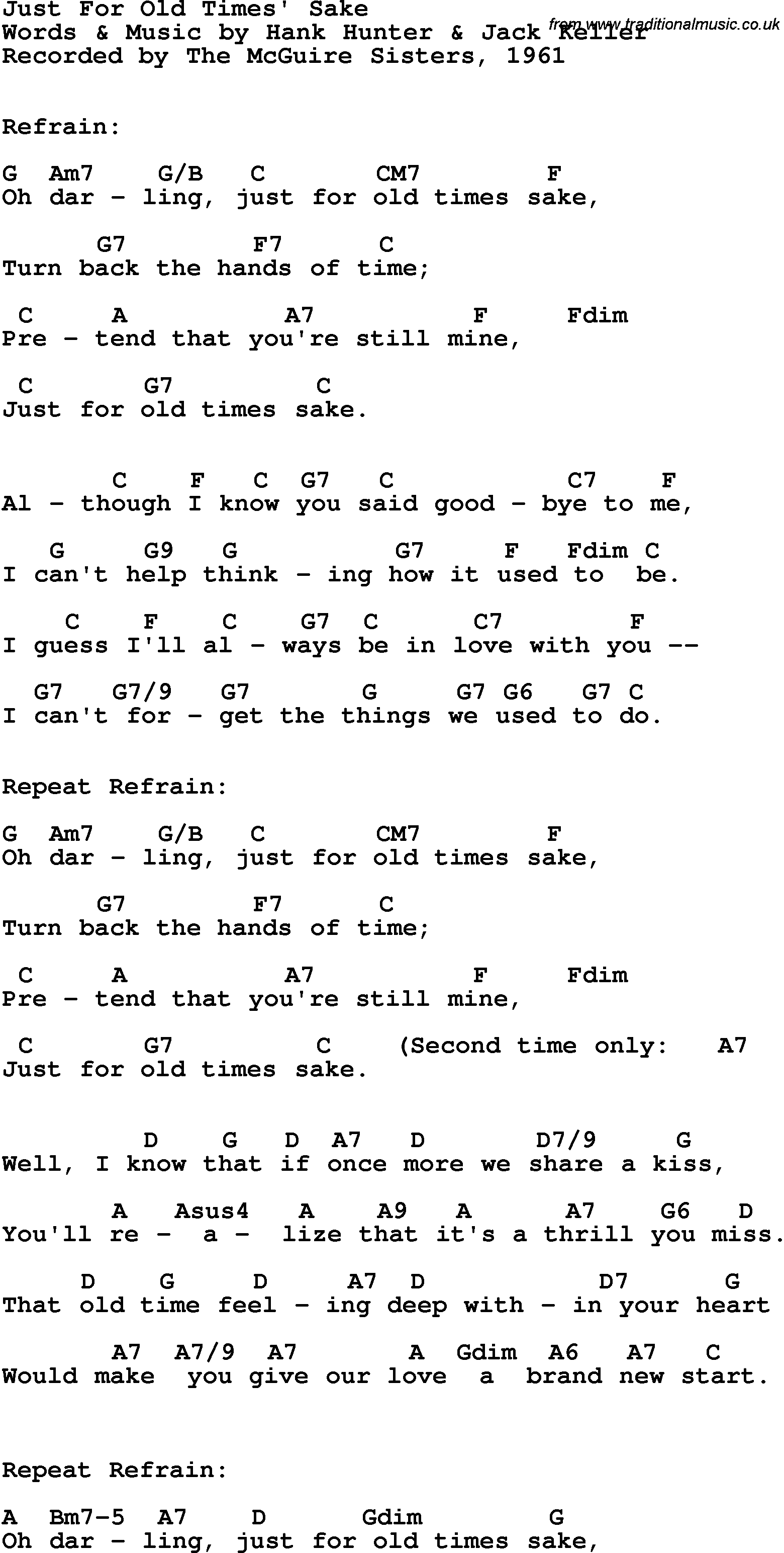 Song Lyrics with guitar chords for Just For Old Times' Sake - Mcguire Sisters, 1961