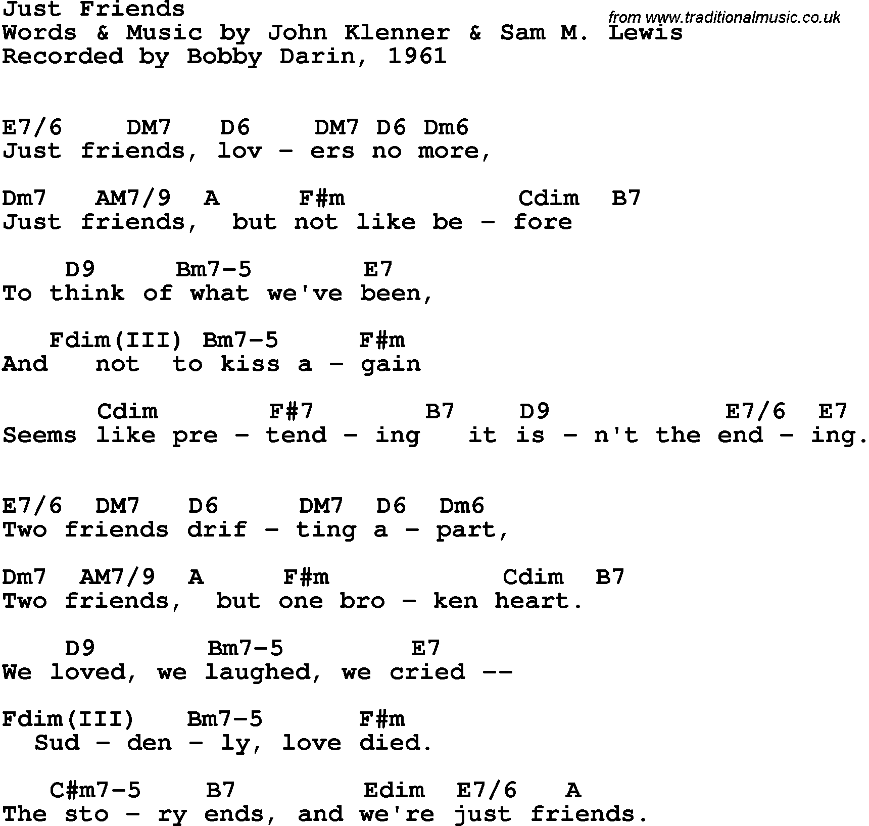 Song Lyrics with guitar chords for Just Friends - Bobby Darin, 1961
