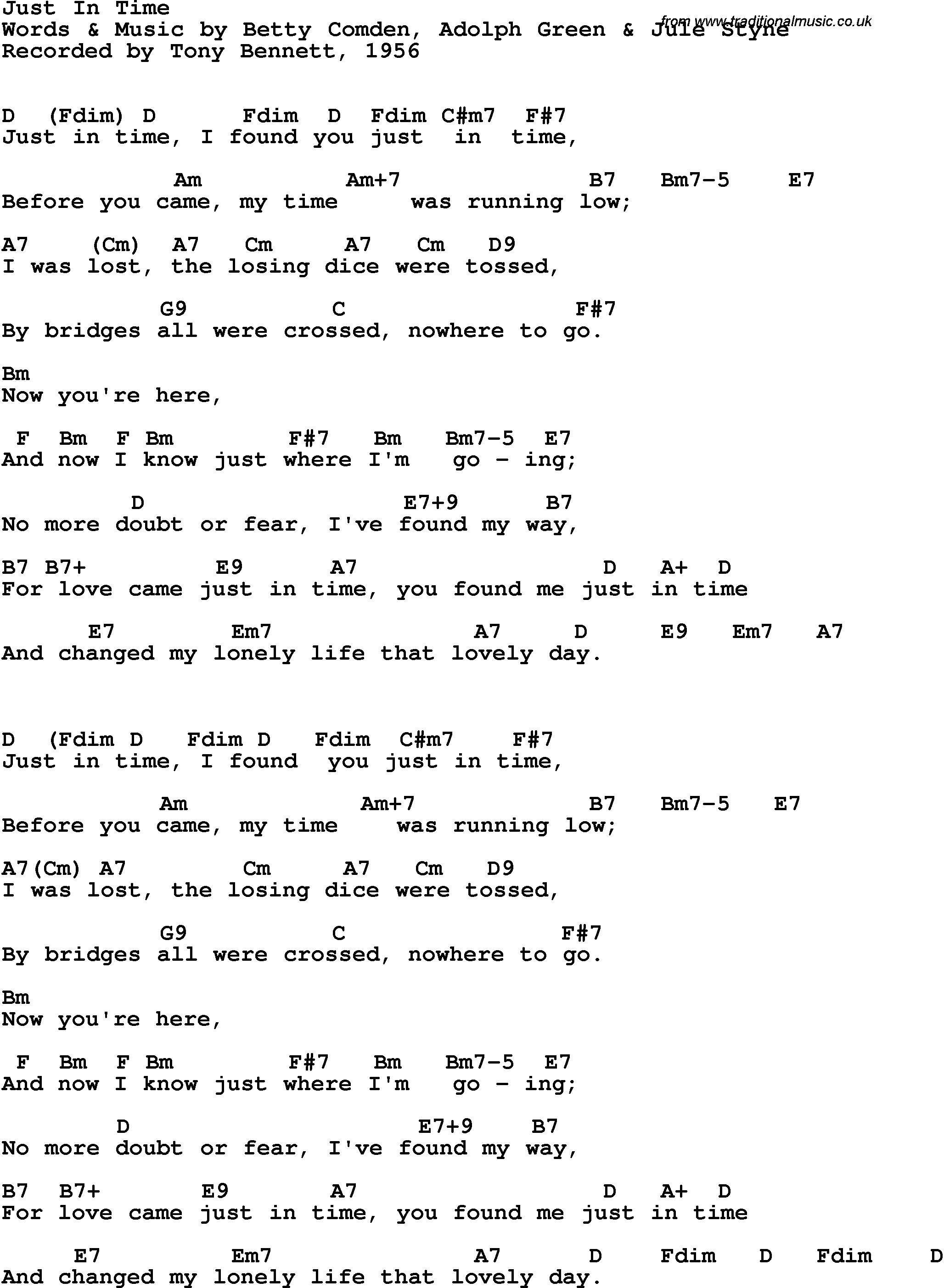 Song Lyrics with guitar chords for Just In Time - Tony Bennett, 1956
