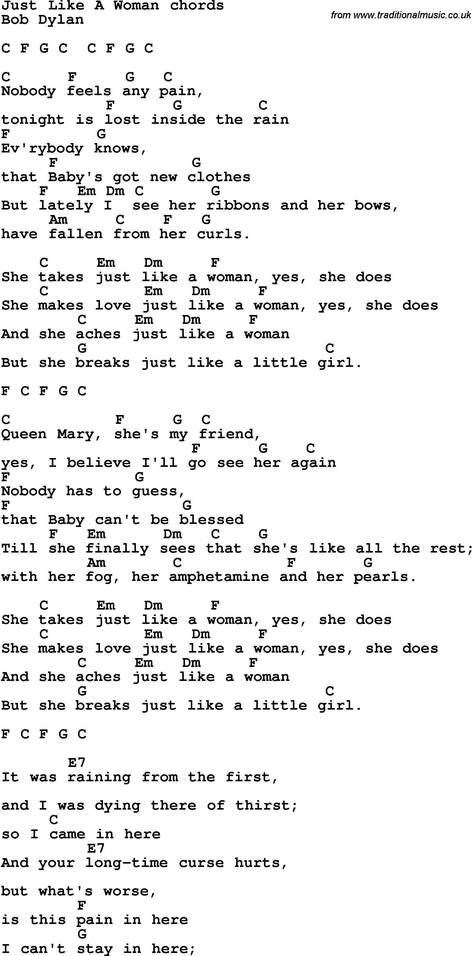 Song Lyrics with guitar chords for Just Like A Woman