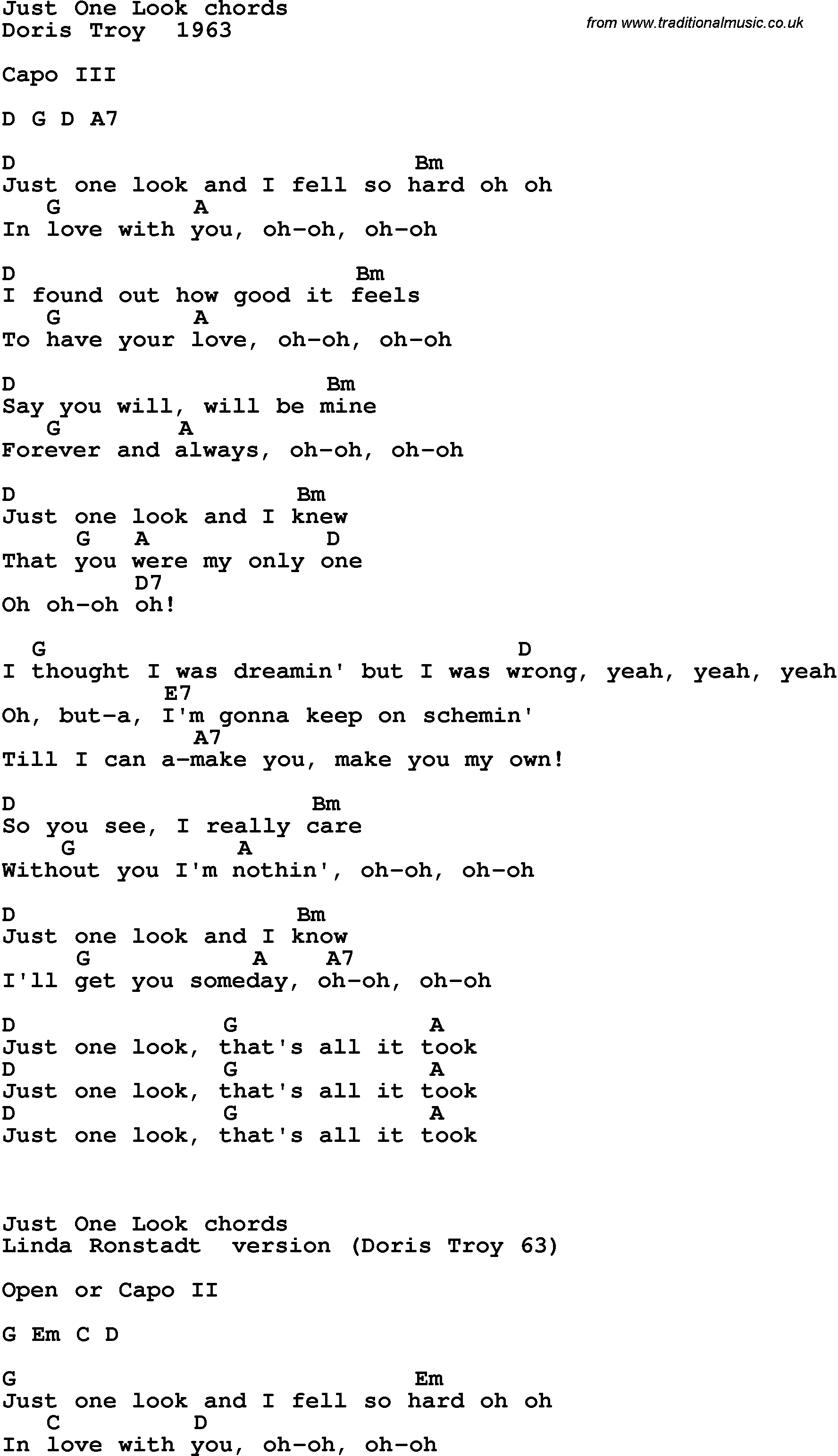 Song Lyrics with guitar chords for Just One Look