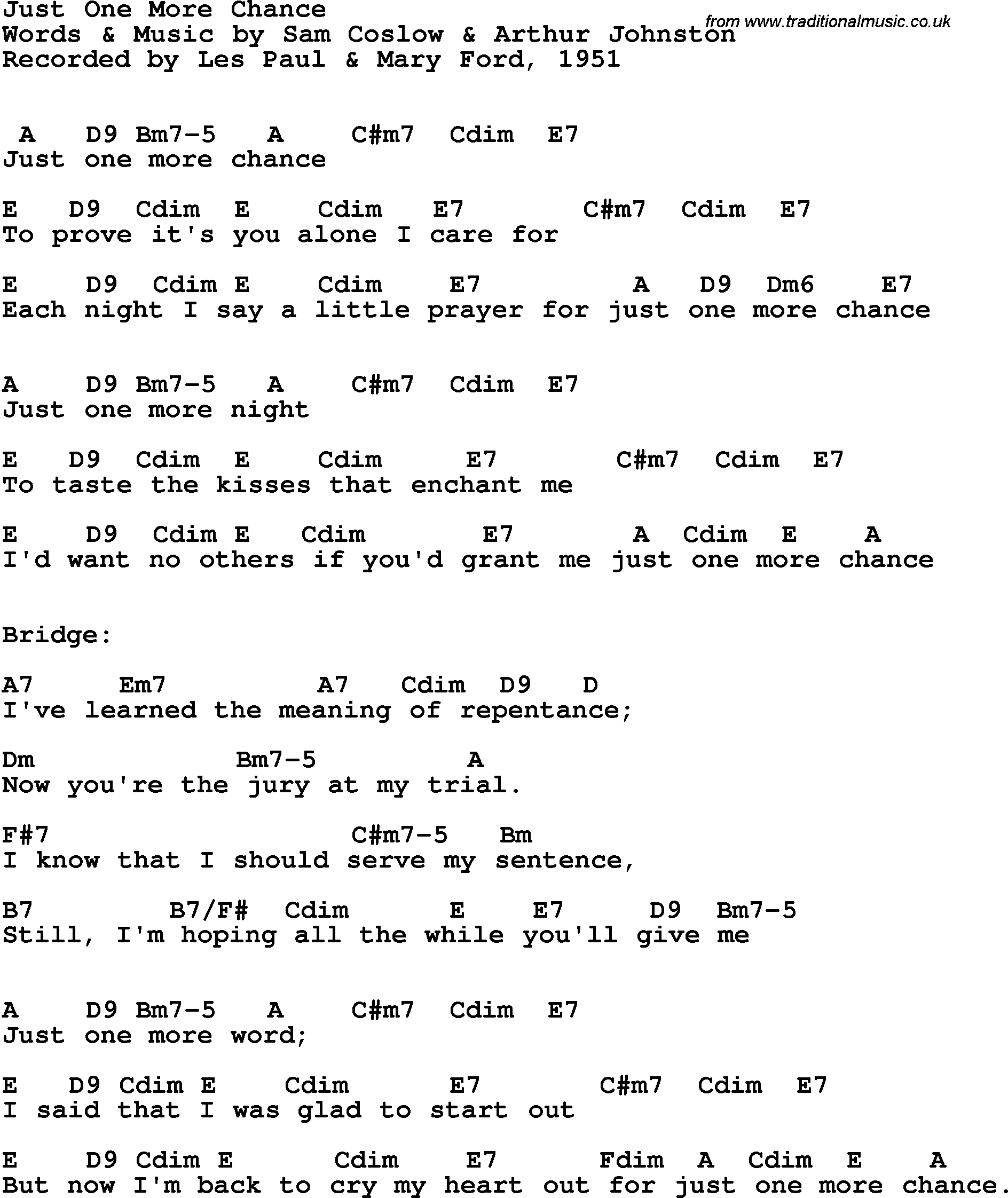 Song Lyrics with guitar chords for Just One More Chance - Les Paul & Mary Ford, 1951