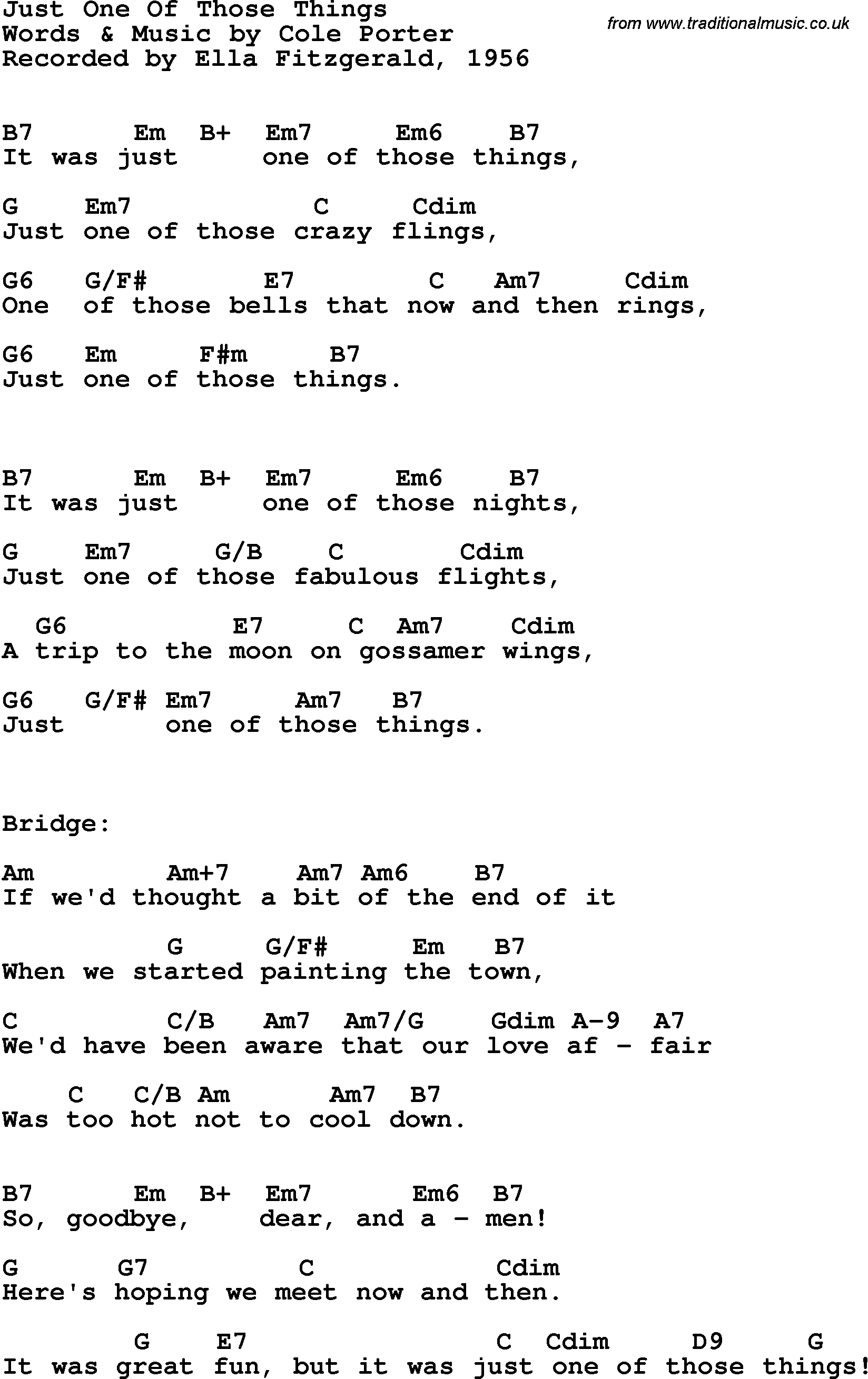Song Lyrics with guitar chords for Just One Of Those Things - Ella Fitzgerald, 1956