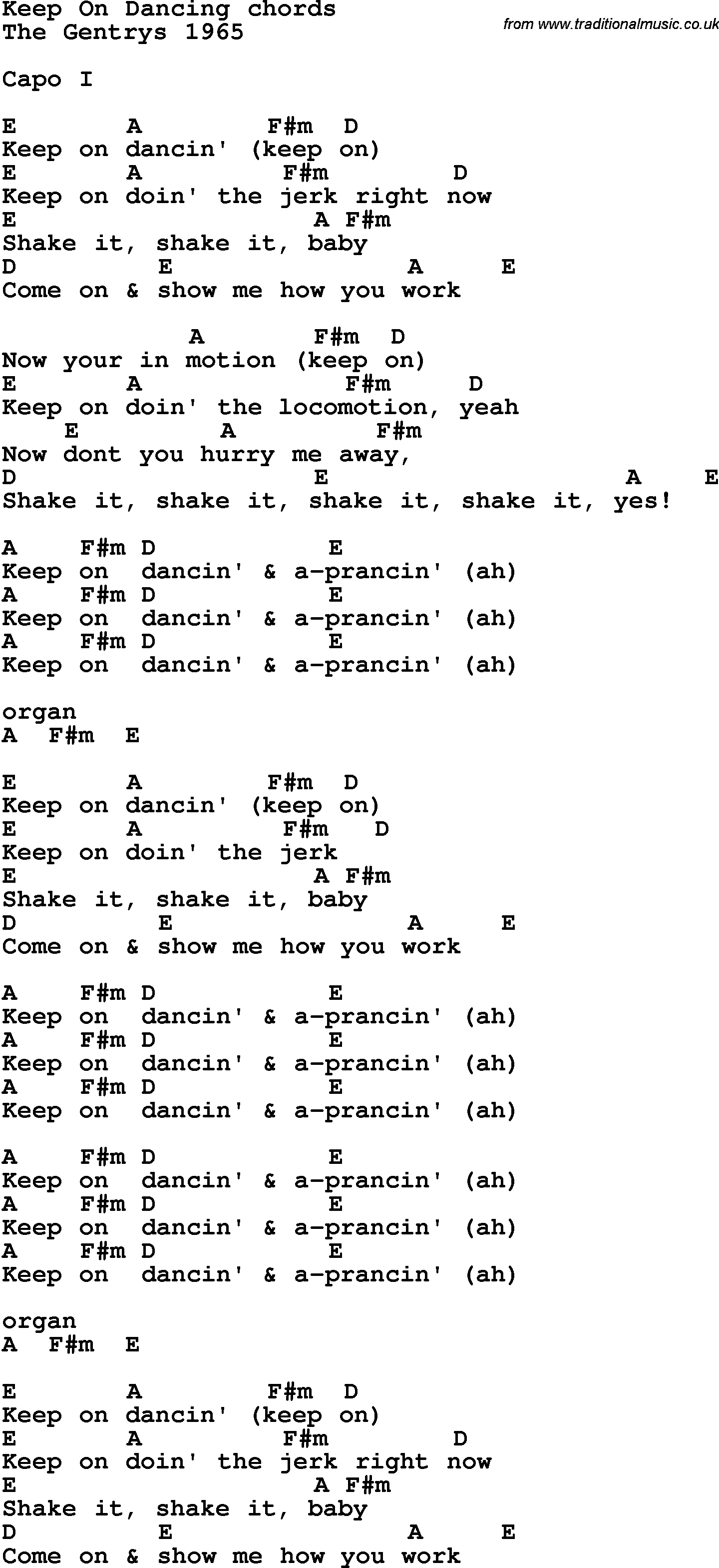 Song Lyrics with guitar chords for Keep On Dancing