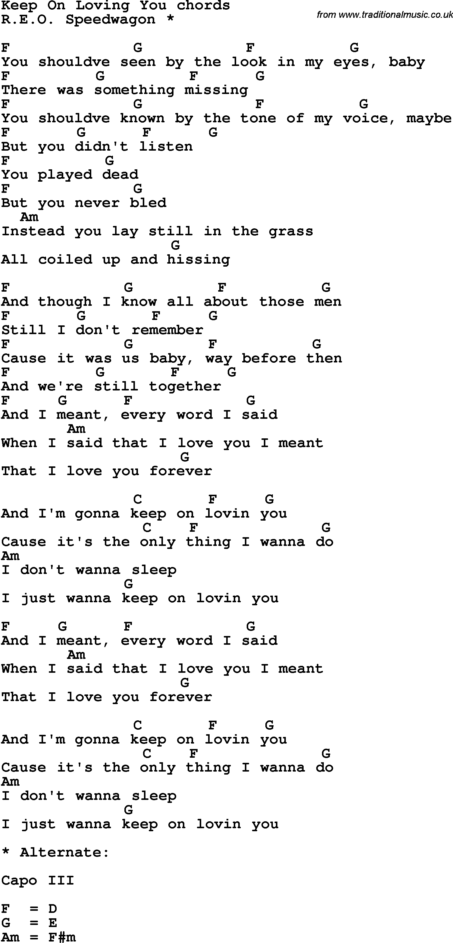 Song Lyrics with guitar chords for Keep On Loving You