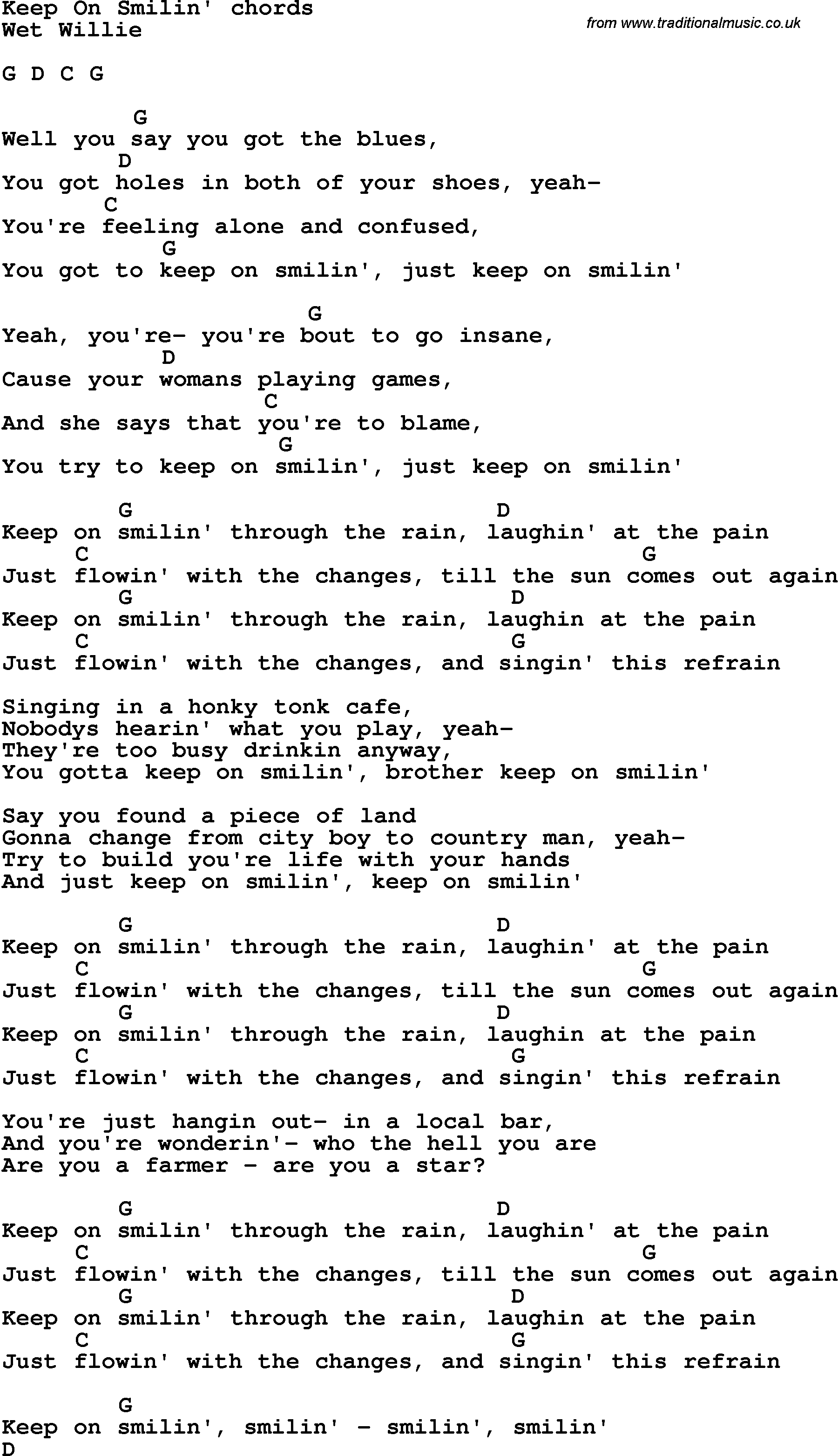Song Lyrics with guitar chords for Keep On Smilin