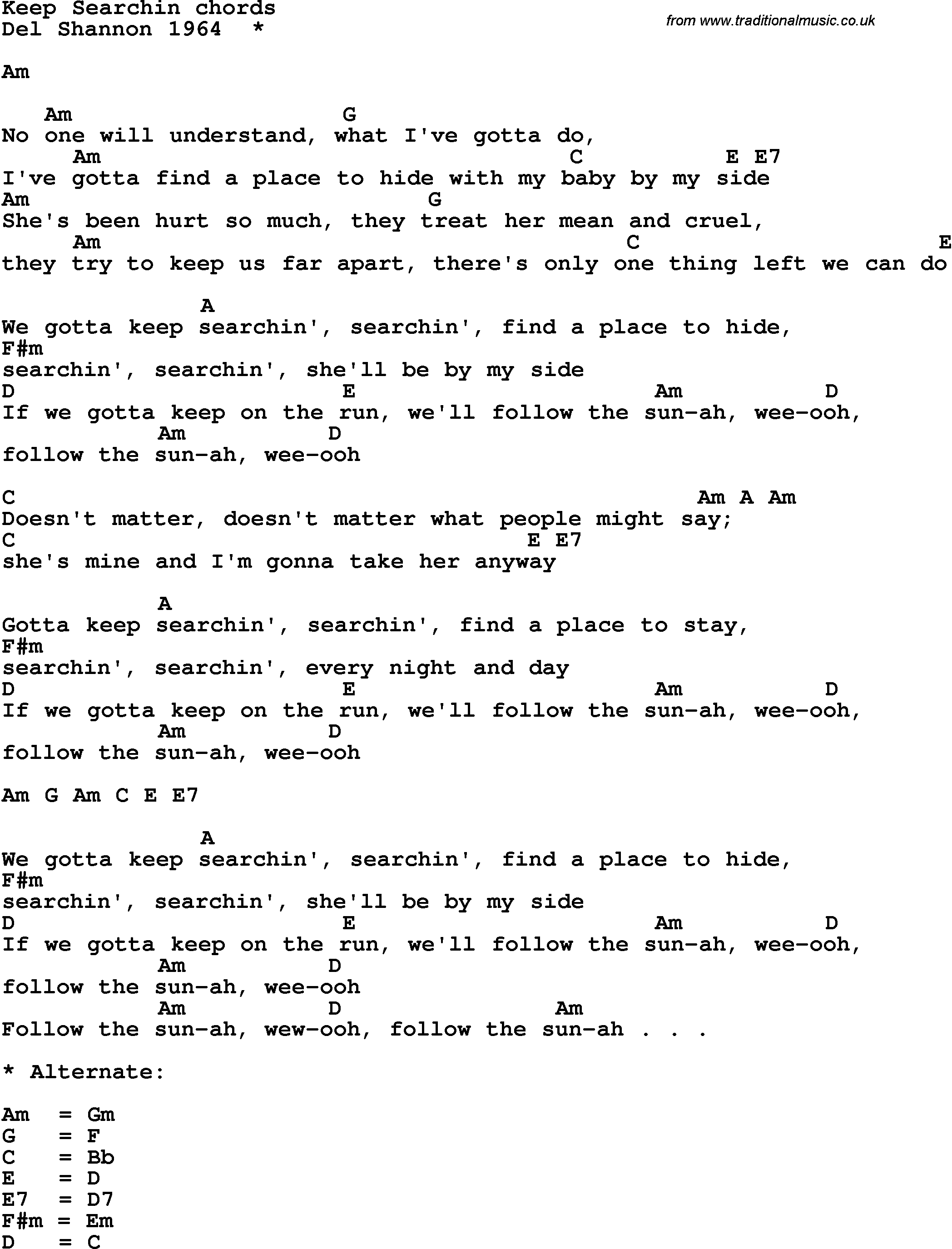 Song Lyrics with guitar chords for Keep Searchin'
