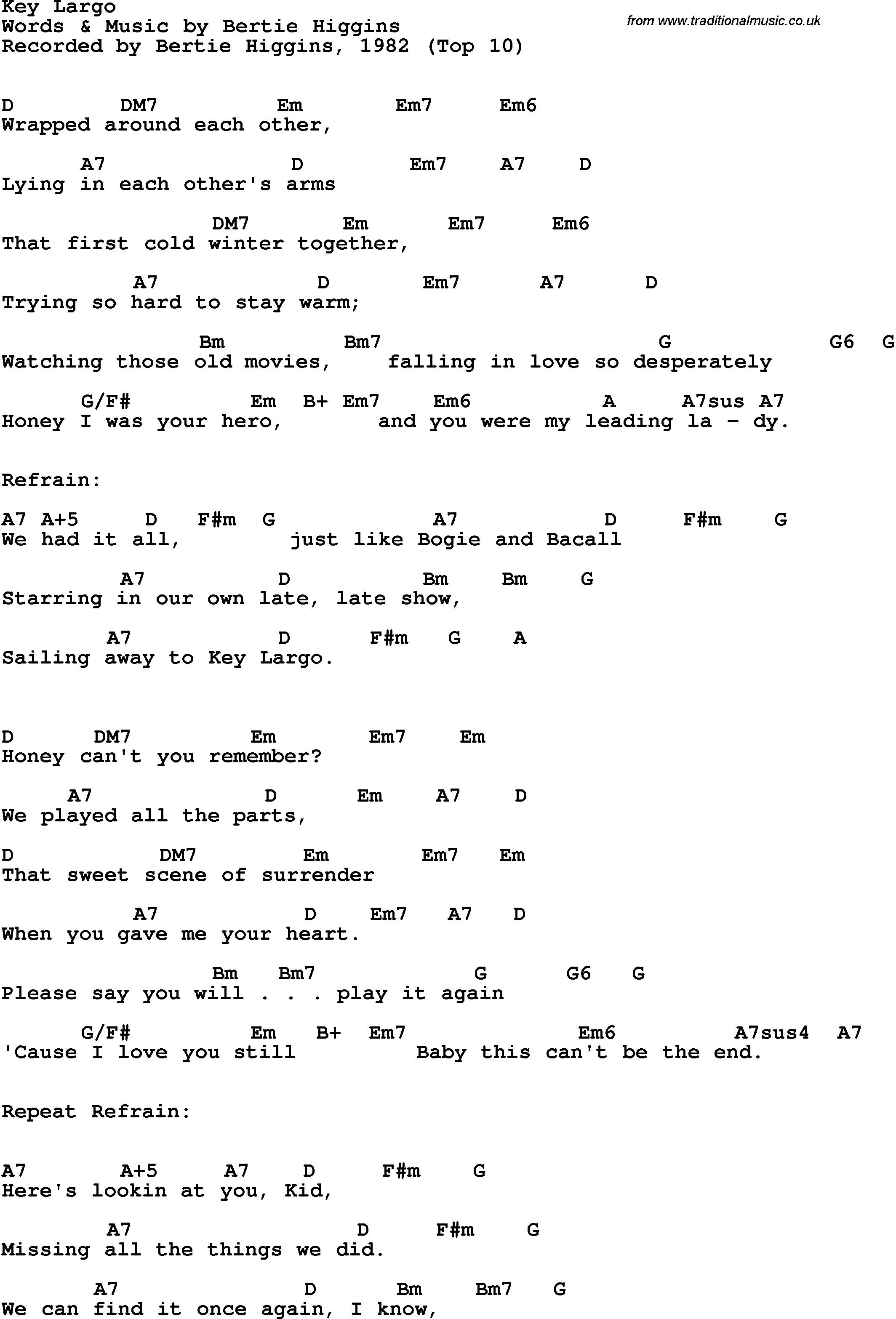 Song Lyrics with guitar chords for Key Largo - Bertie Higgins, 1982