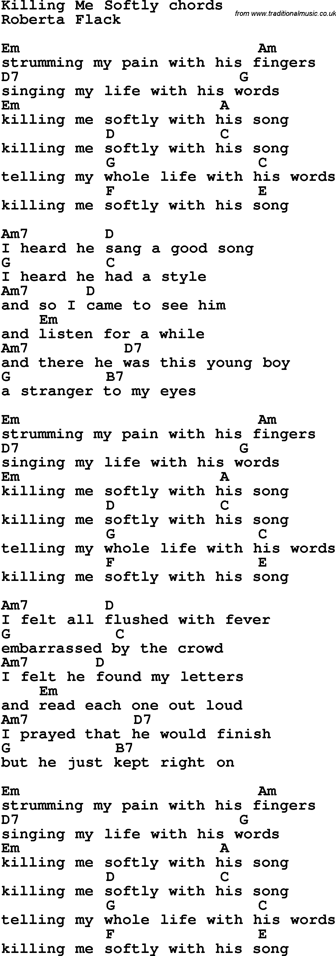 Song Lyrics with guitar chords for Killing Me Softly