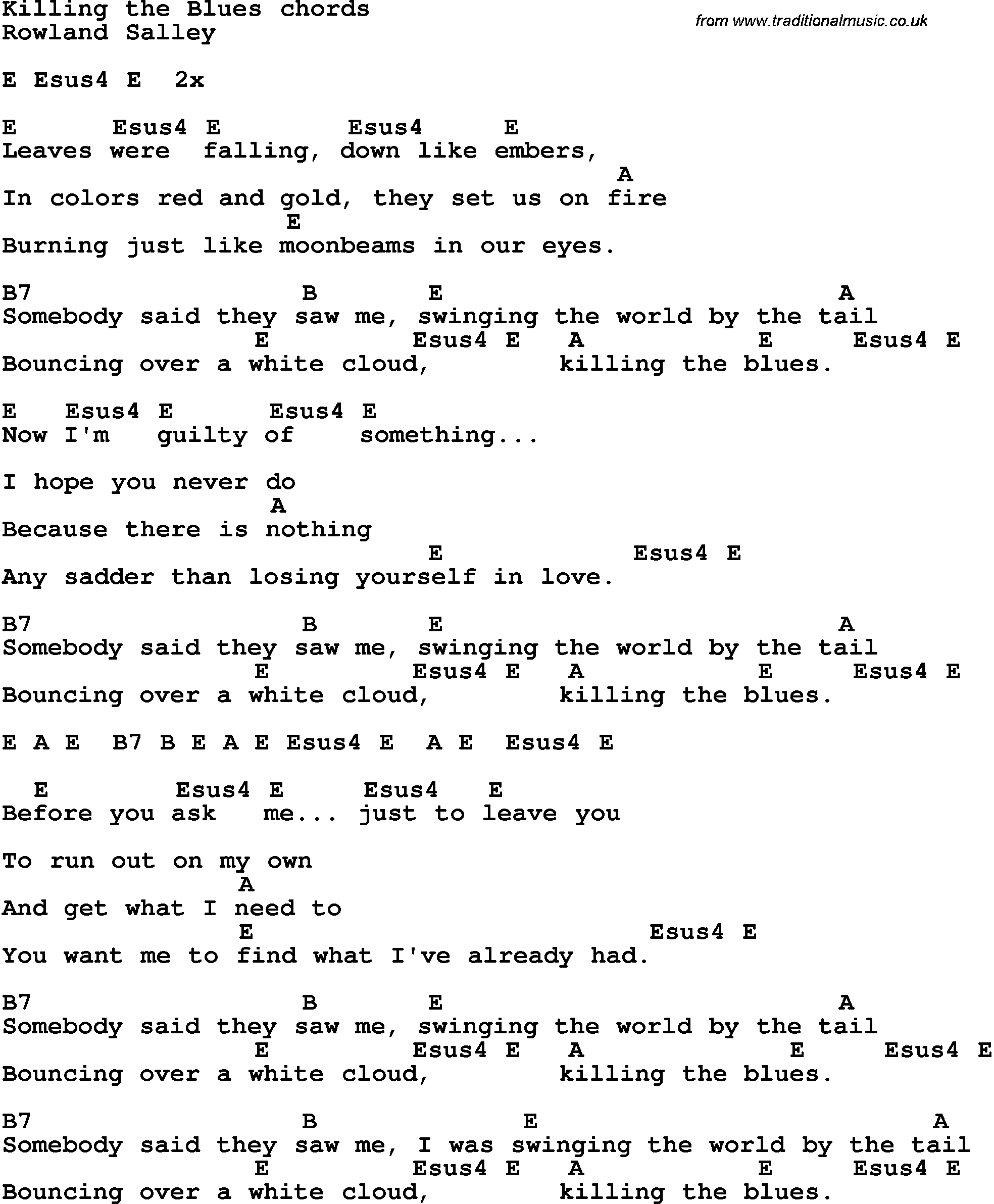 Song Lyrics with guitar chords for Killing The Blues