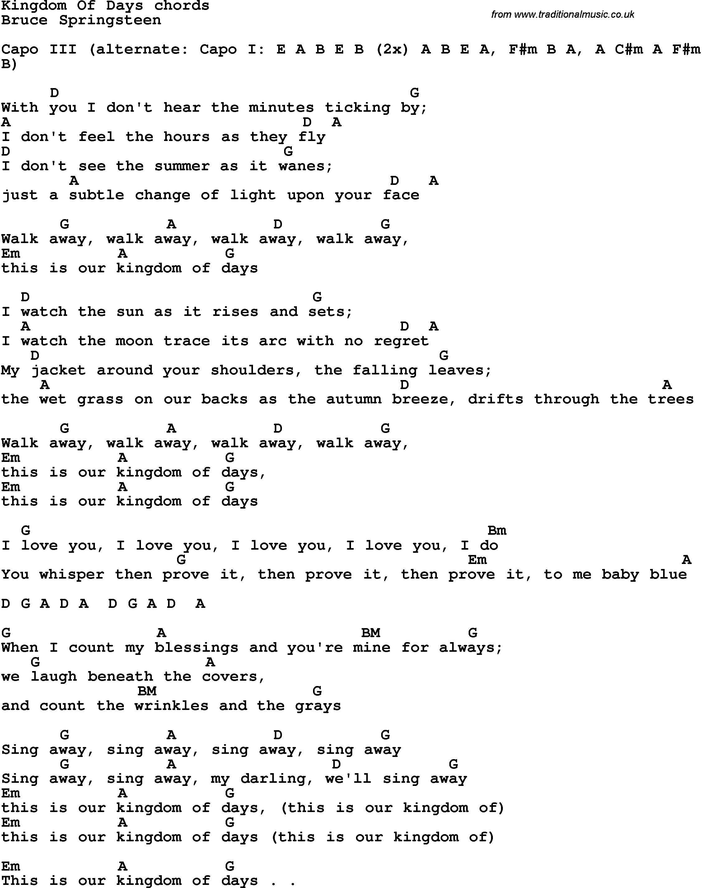 Song Lyrics with guitar chords for Kingdom Of Days