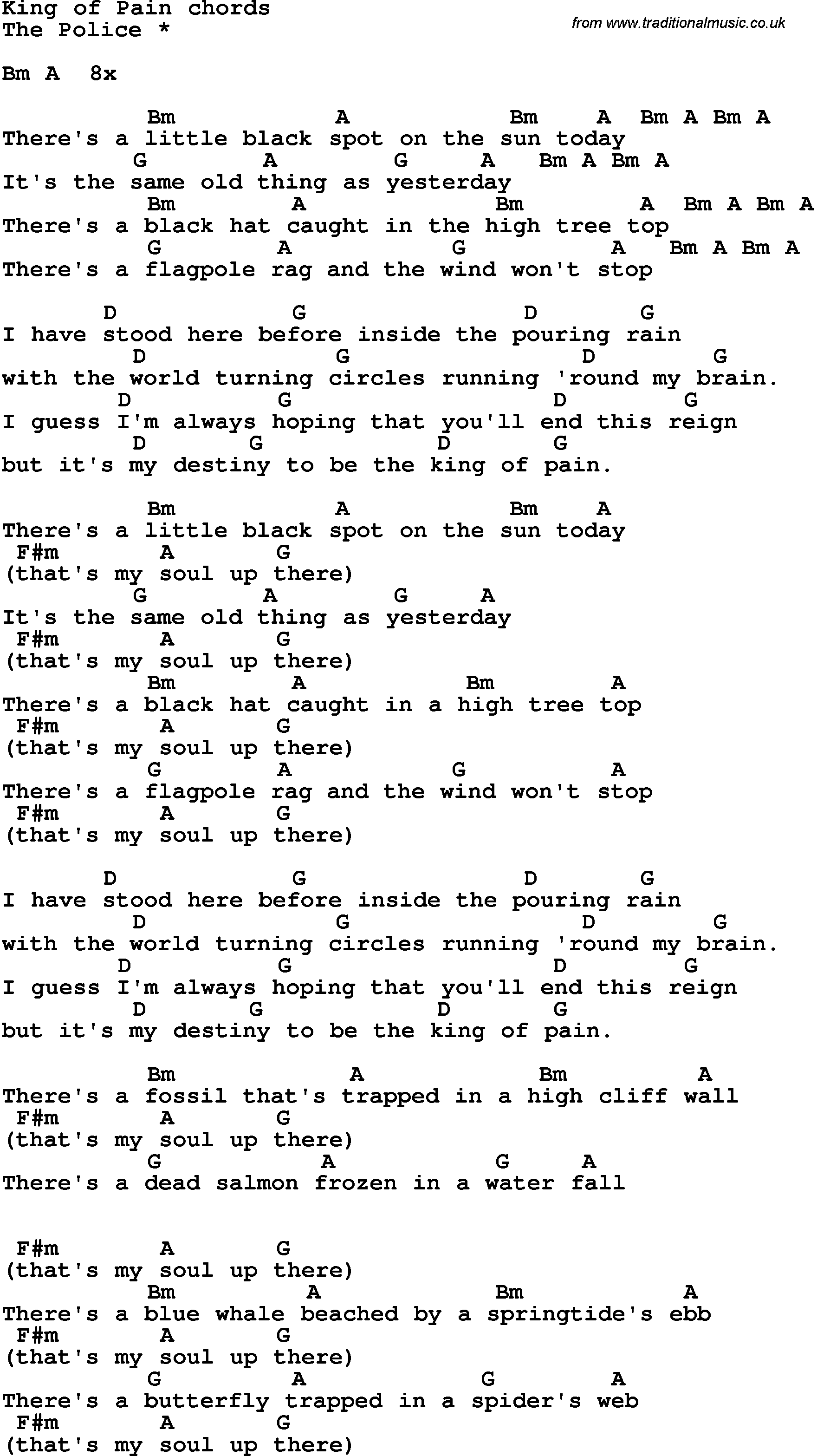 Song Lyrics with guitar chords for Kingof Pain