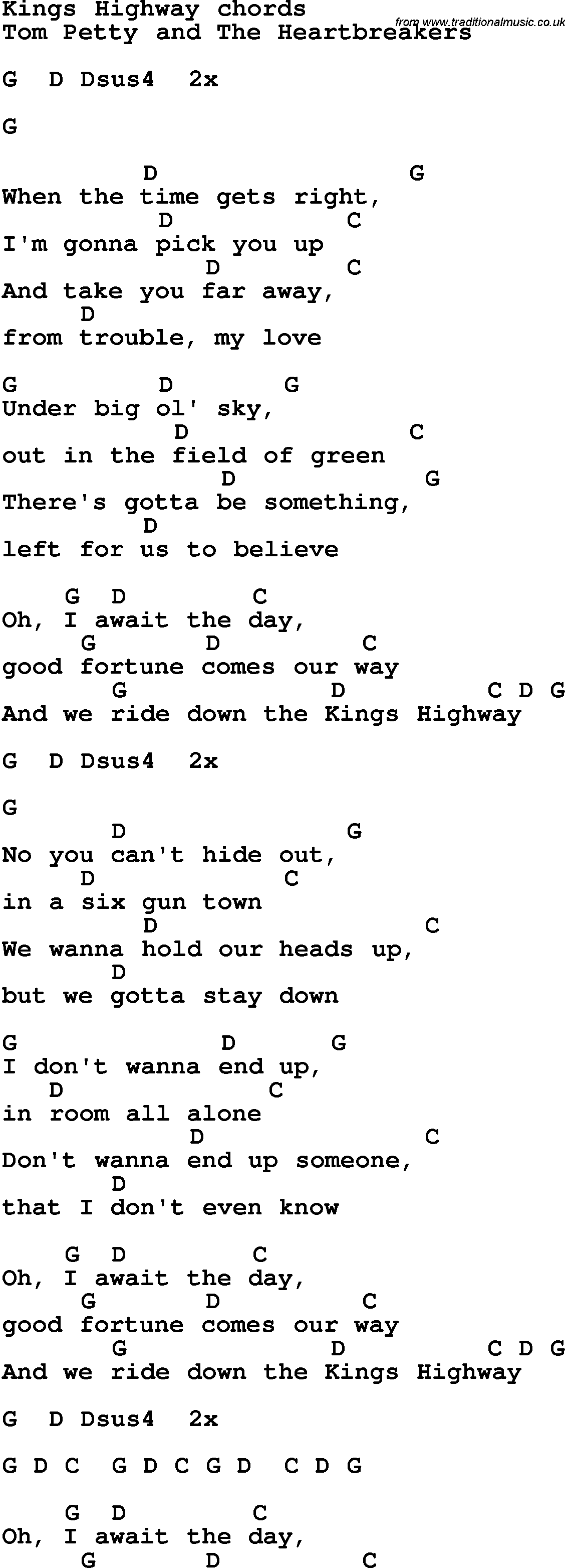 Song Lyrics with guitar chords for Kings Highway