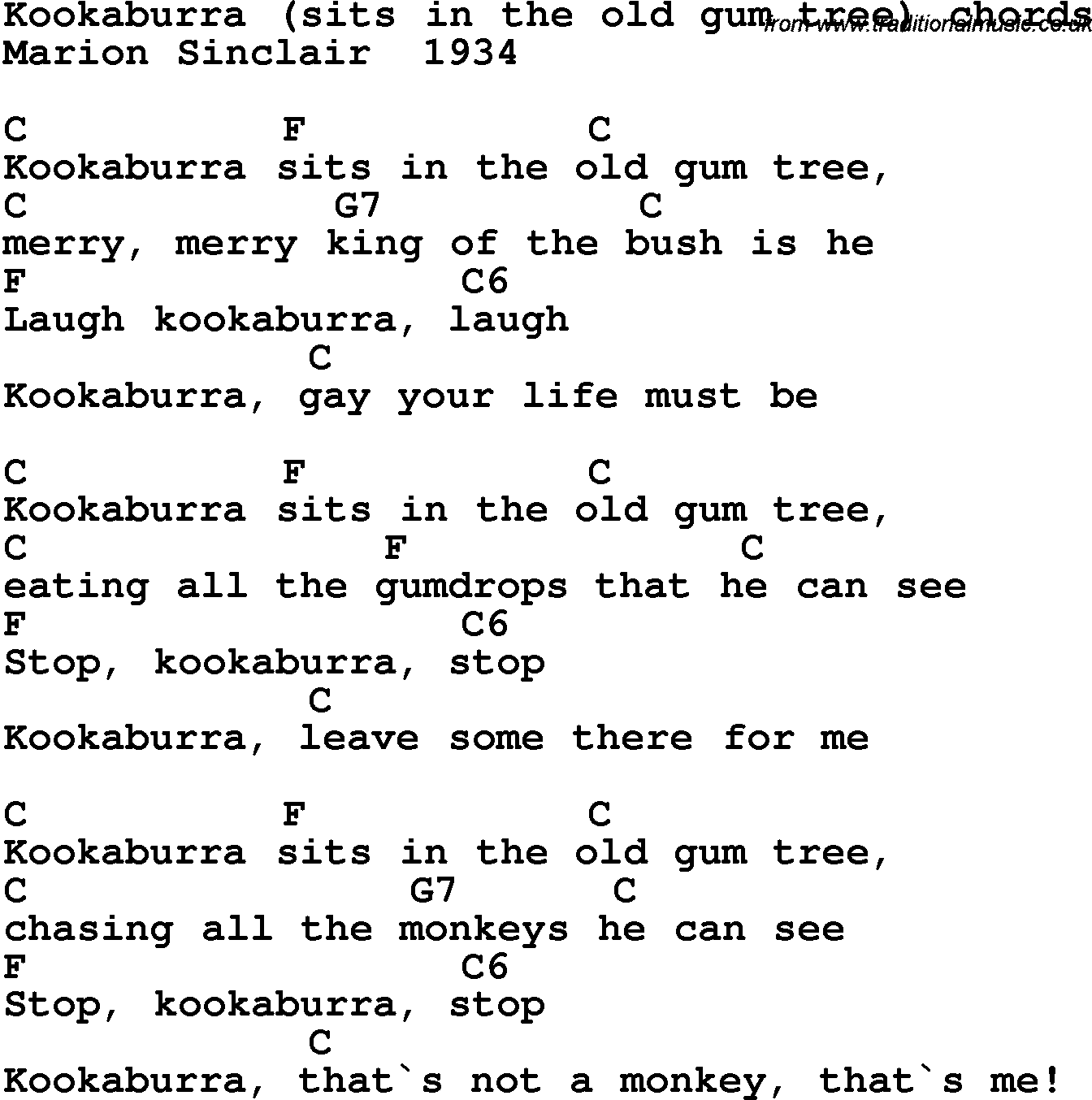 Song Lyrics with guitar chords for Kookaburra - Marion Sinclair 1934