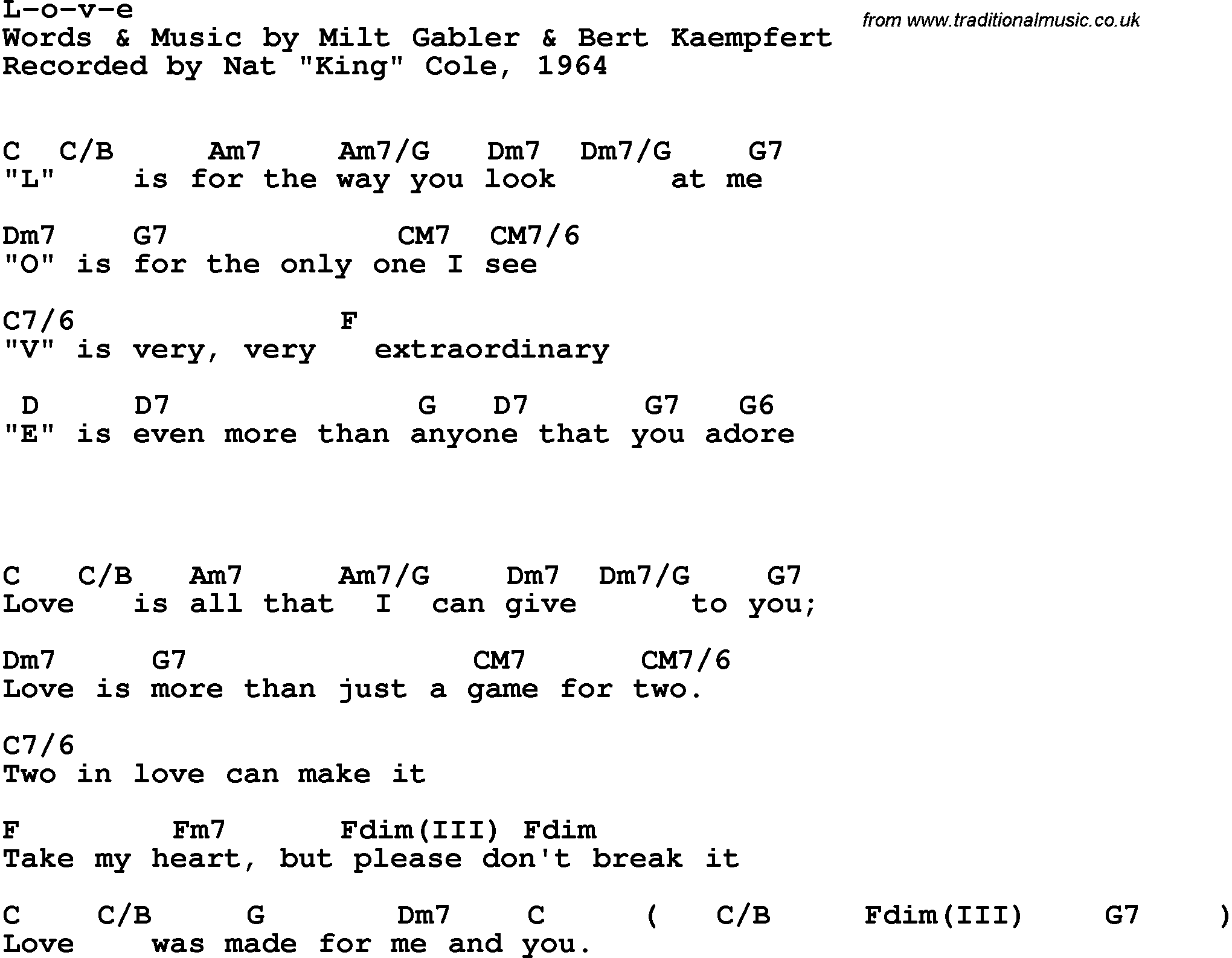 Song Lyrics with guitar chords for L-o-v-e - Nat King Cole, 1964
