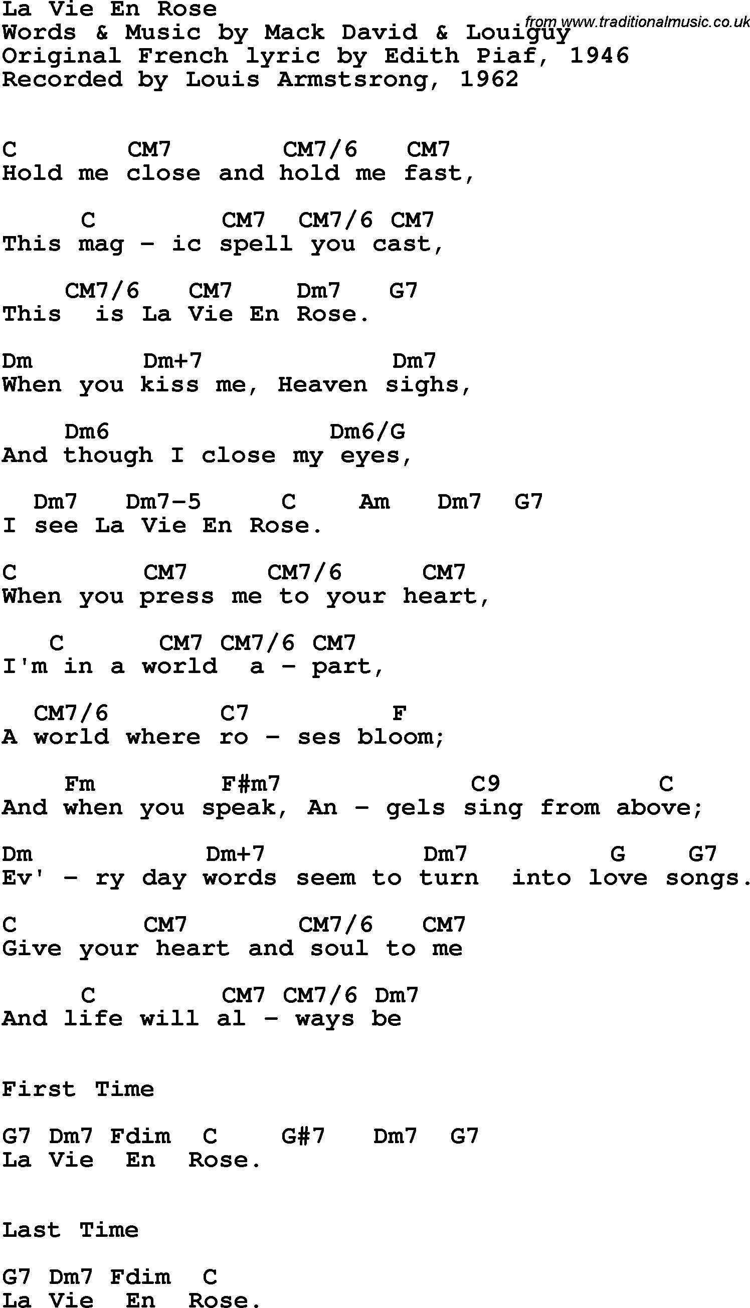 Song Lyrics with guitar chords for La Vie En Rose - Louis Armstrong, 1962