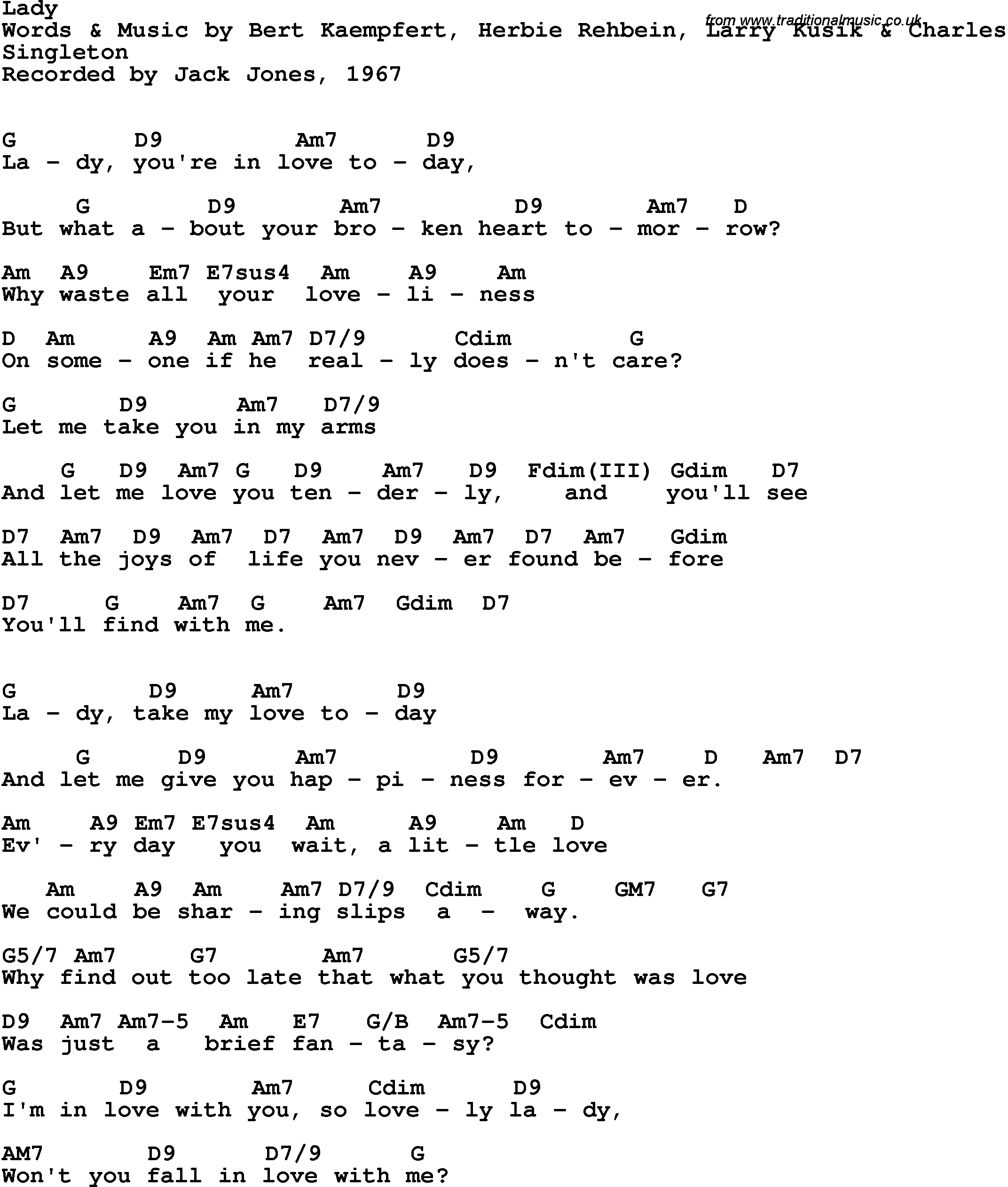 Song Lyrics with guitar chords for Lady - Jack Jones, 1963
