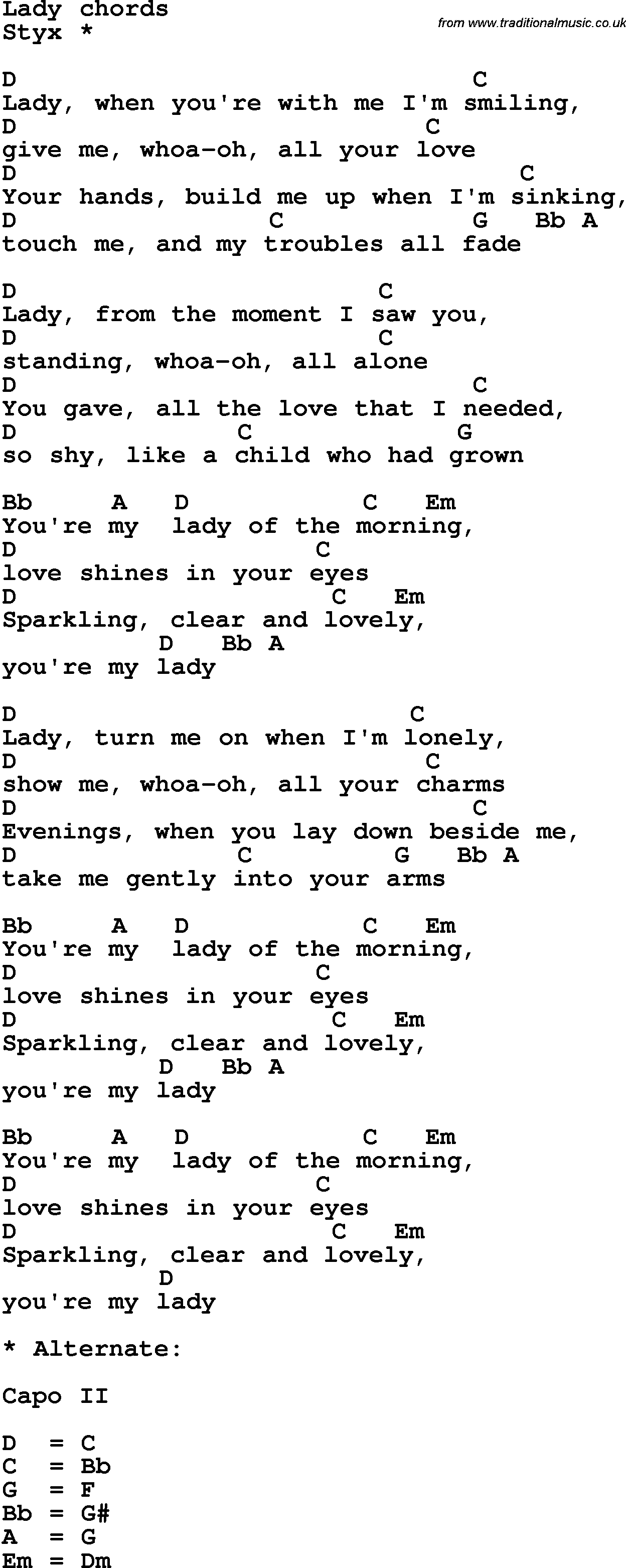 Song Lyrics with guitar chords for Lady