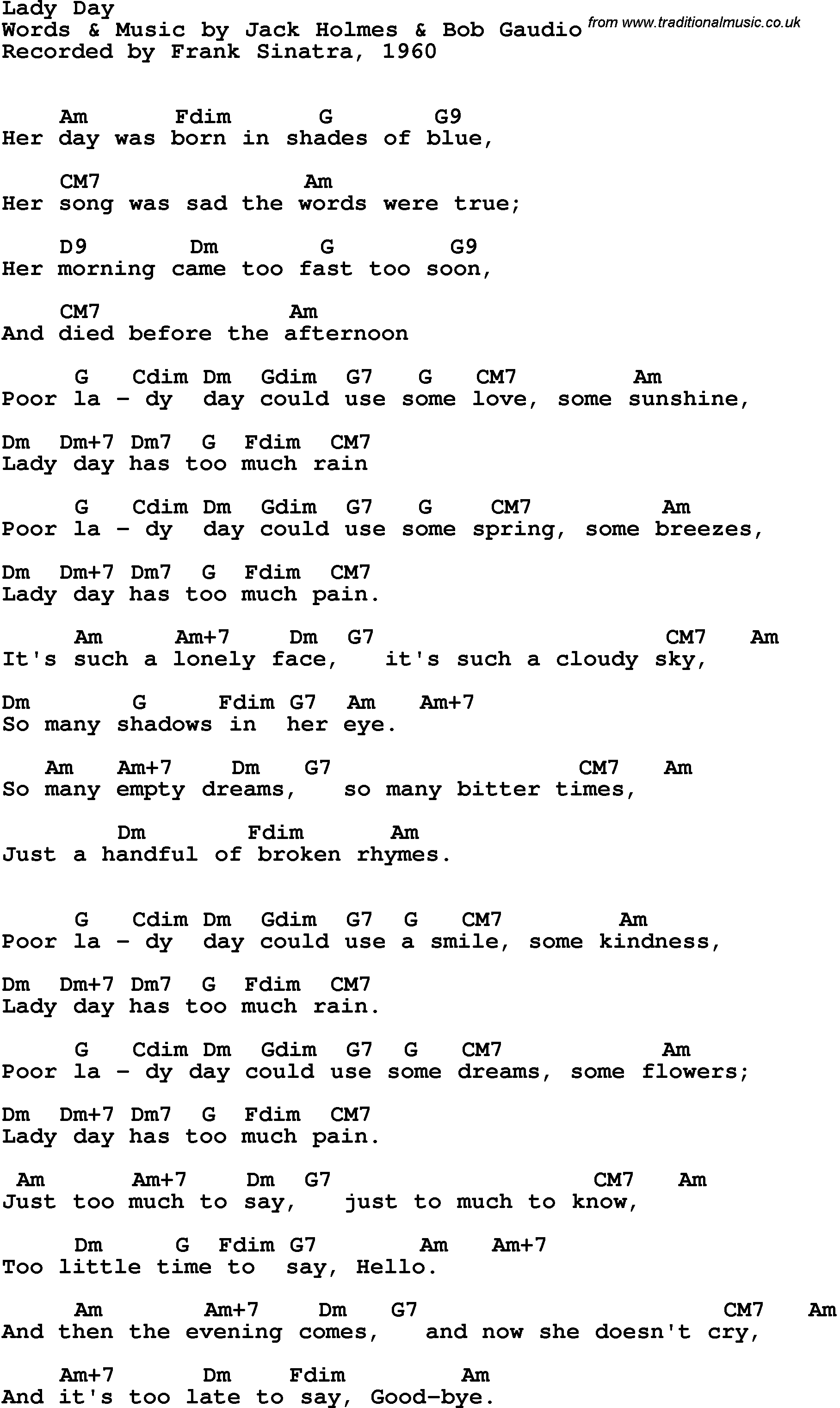 Song Lyrics with guitar chords for Lady Day - Frank Sinatra, 1960