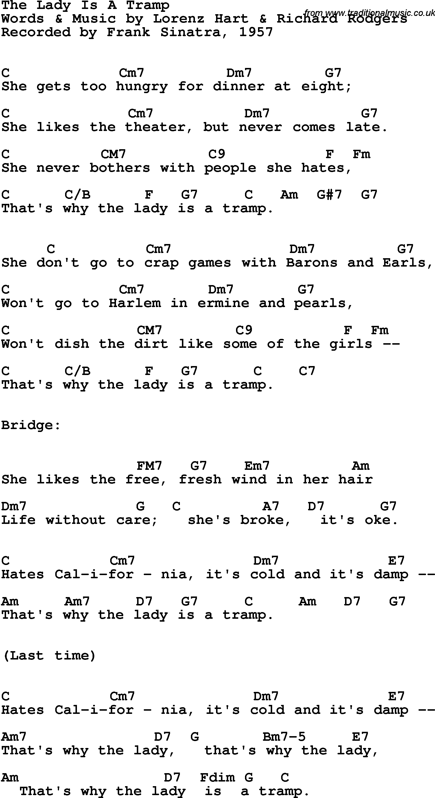 Song Lyrics with guitar chords for Lady Is A Tramp, The - Frank Sinatra, 1957
