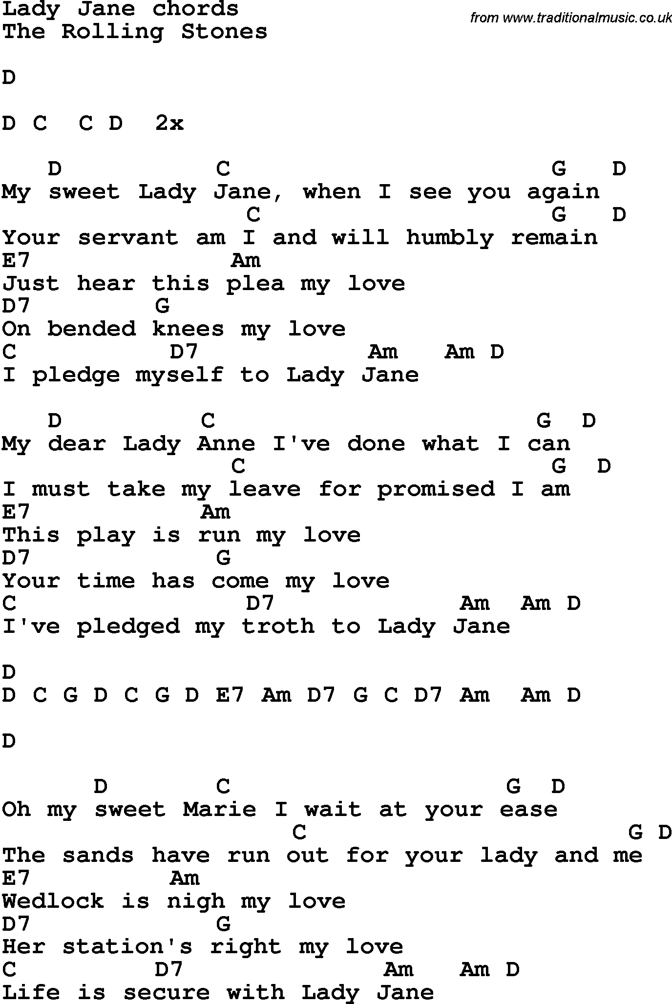 Song Lyrics with guitar chords for Lady Jane